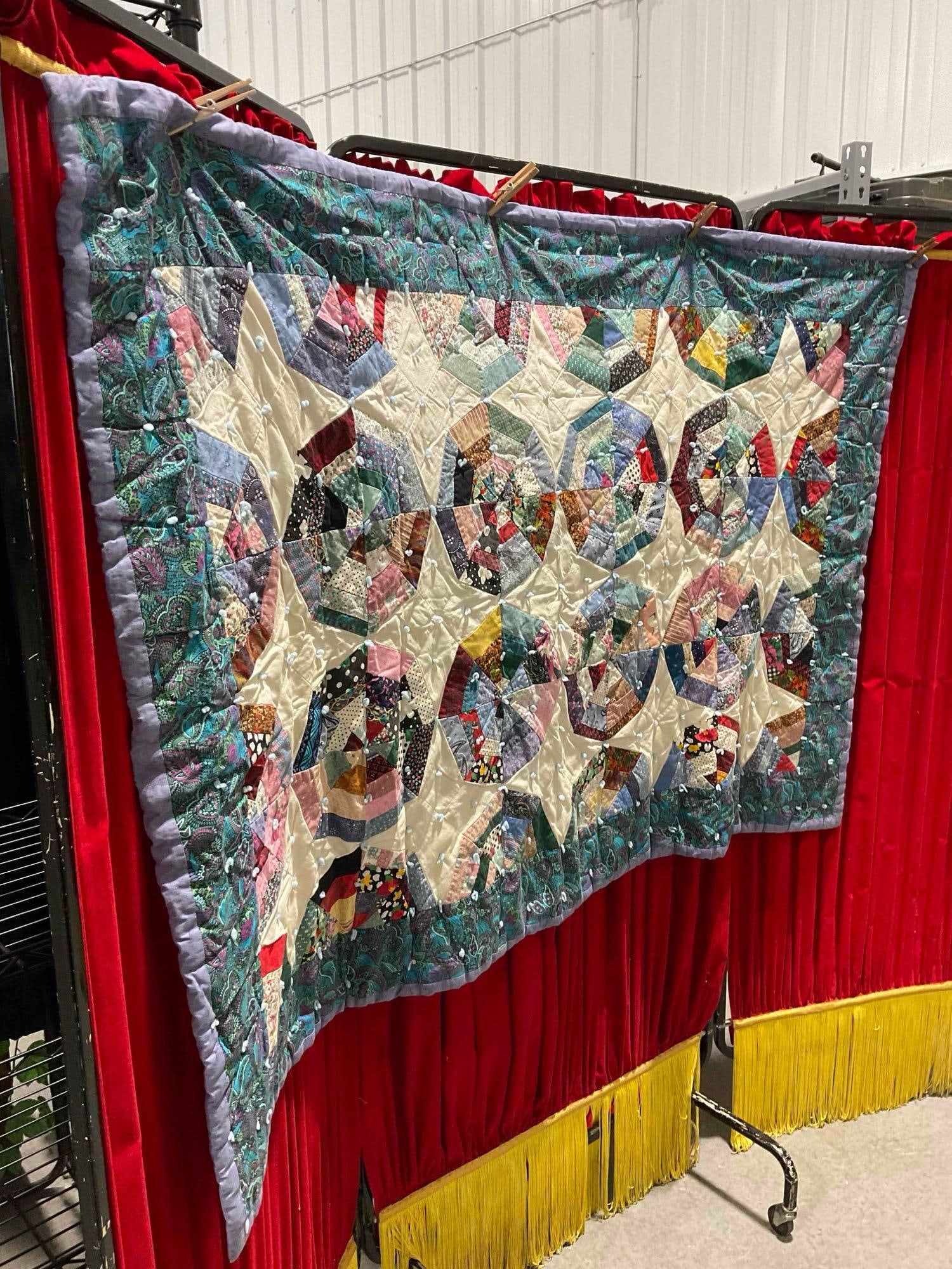 Fun Vintage Multicolor Patchwork Machine Quilted Bedspread Blanket w/ Spiderweb Pattern. - 2
