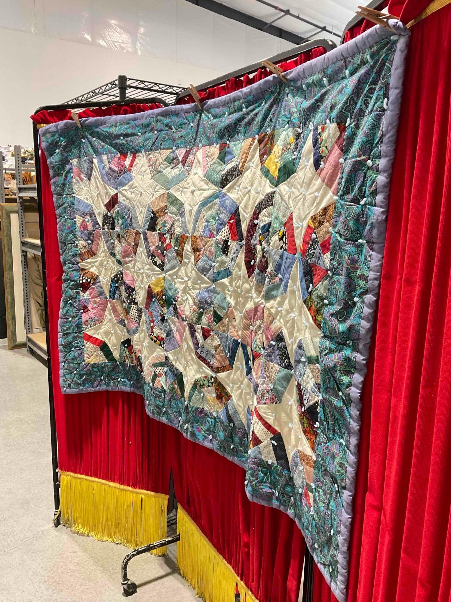 Fun Vintage Multicolor Patchwork Machine Quilted Bedspread Blanket w/ Spiderweb Pattern. - 3