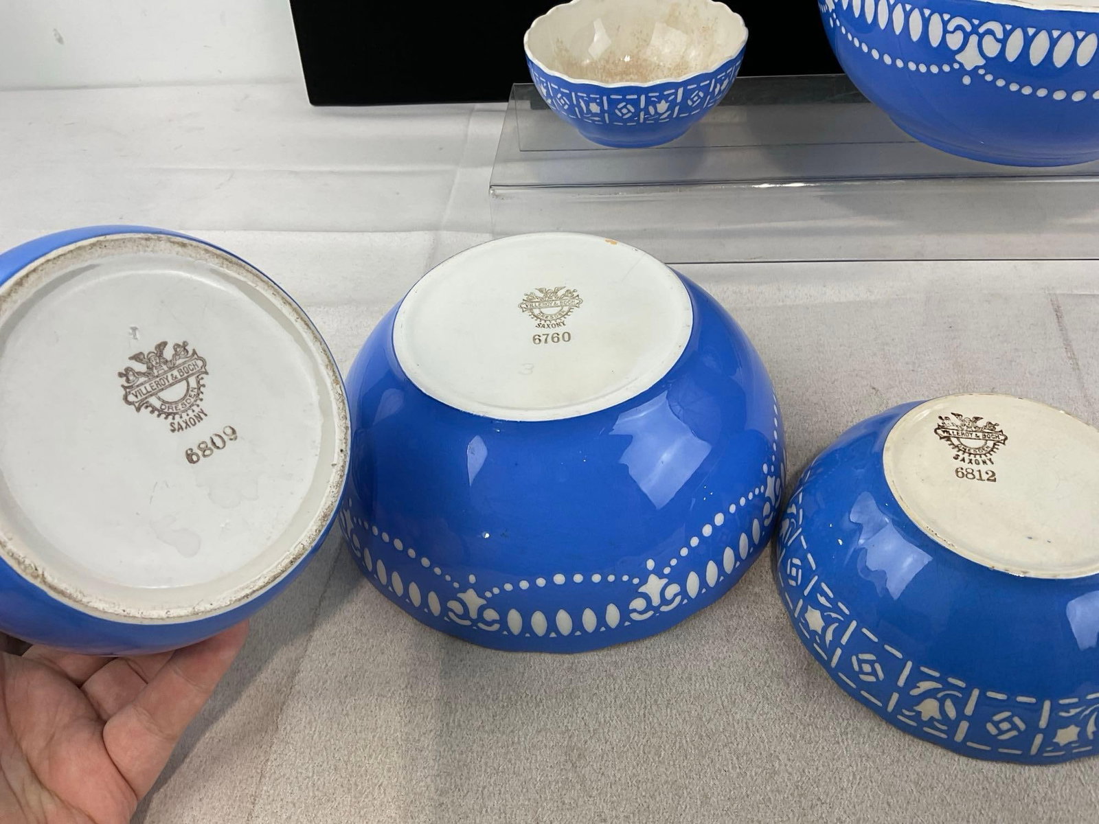 5 Vintage Villeroy & Boch Porcelain, Blue Cut to White finish, Saxony Patterns #6760, 6809 & 6812 - 5