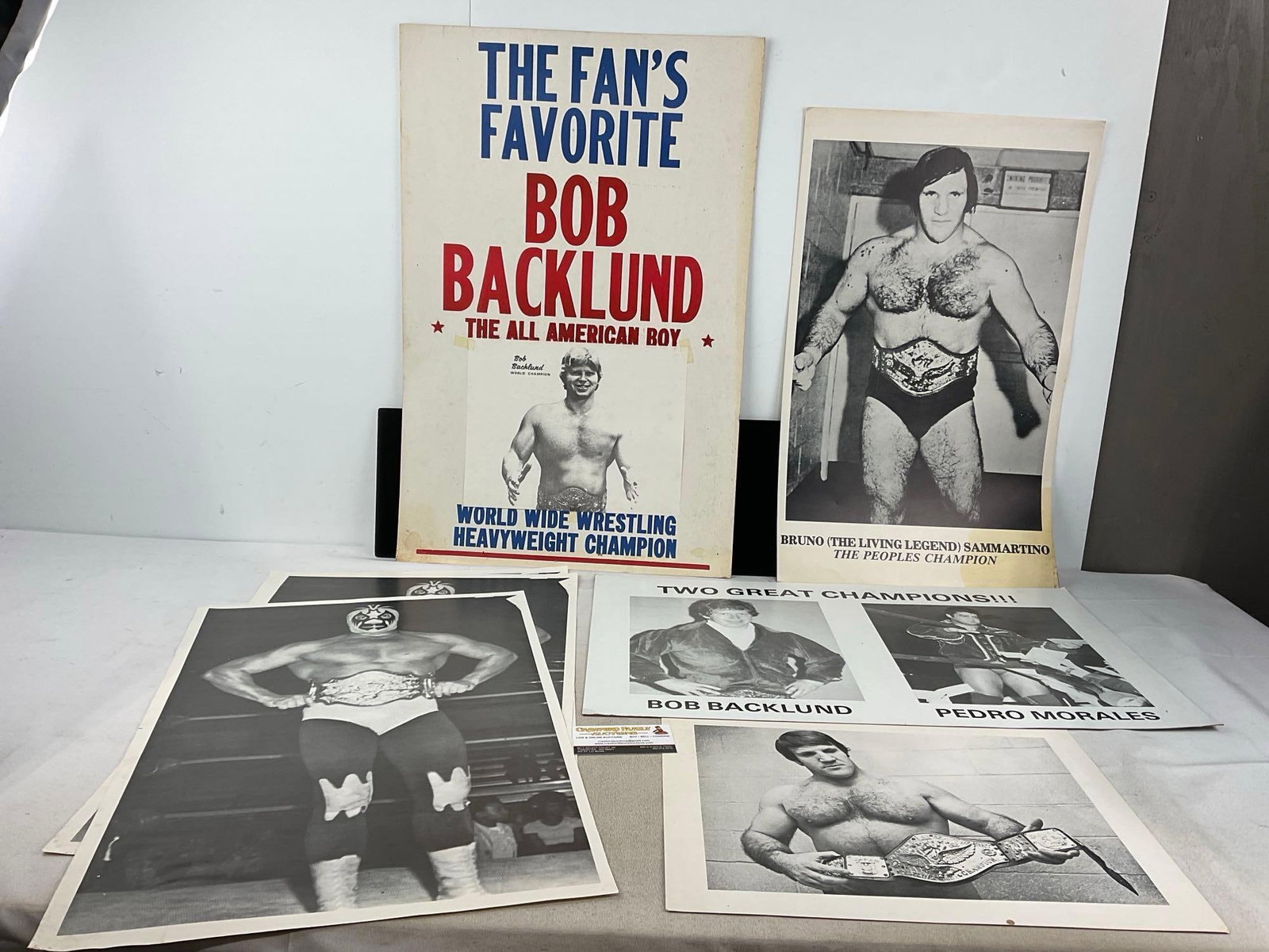 Vintage Professional Wrestling Posters, Hand Printed Bob Backlund, Bruno Sammartino & more: 3 posters w/Mil Mascaras, Professional Mexican Luchador, piece w/ Bob Backlund & Pedro Morales. Appears to be in good shape. The piece together measures approx 28h x 18w x 2d inches.