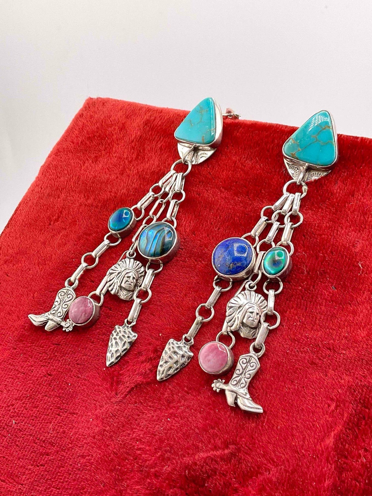 Vintage Sterling Silver Carol Felley Western Style Post Earrings w/ Multi Stone Settings. See pics. - 2