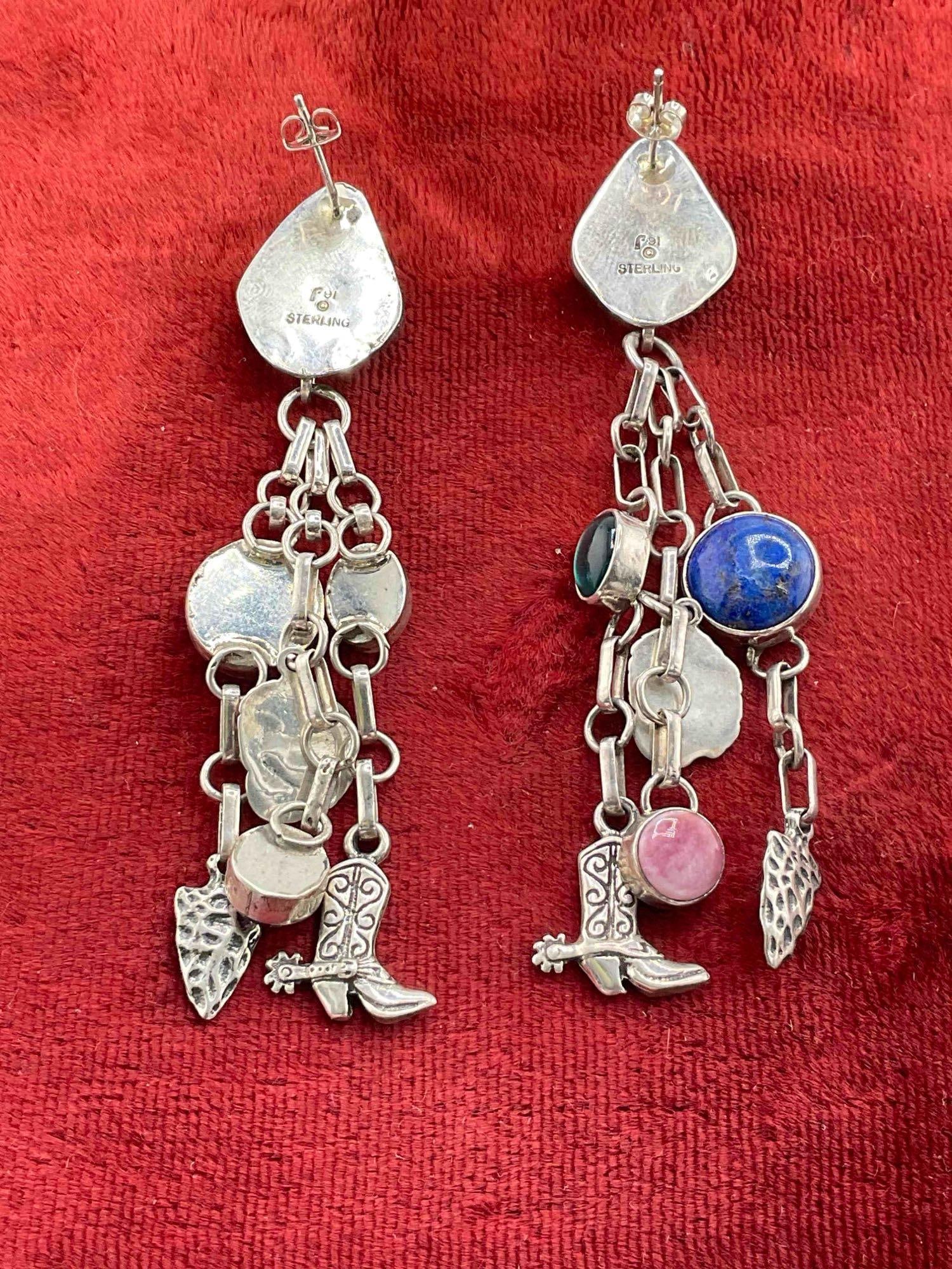 Vintage Sterling Silver Carol Felley Western Style Post Earrings w/ Multi Stone Settings. See pics. - 3