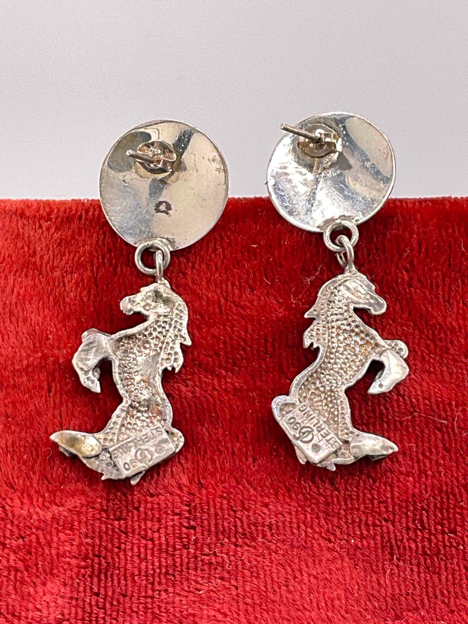 Vintage Sterling Silver Carol Felley Earrings w/ Horse Design & Rose Quartz Toned Setting. - 2