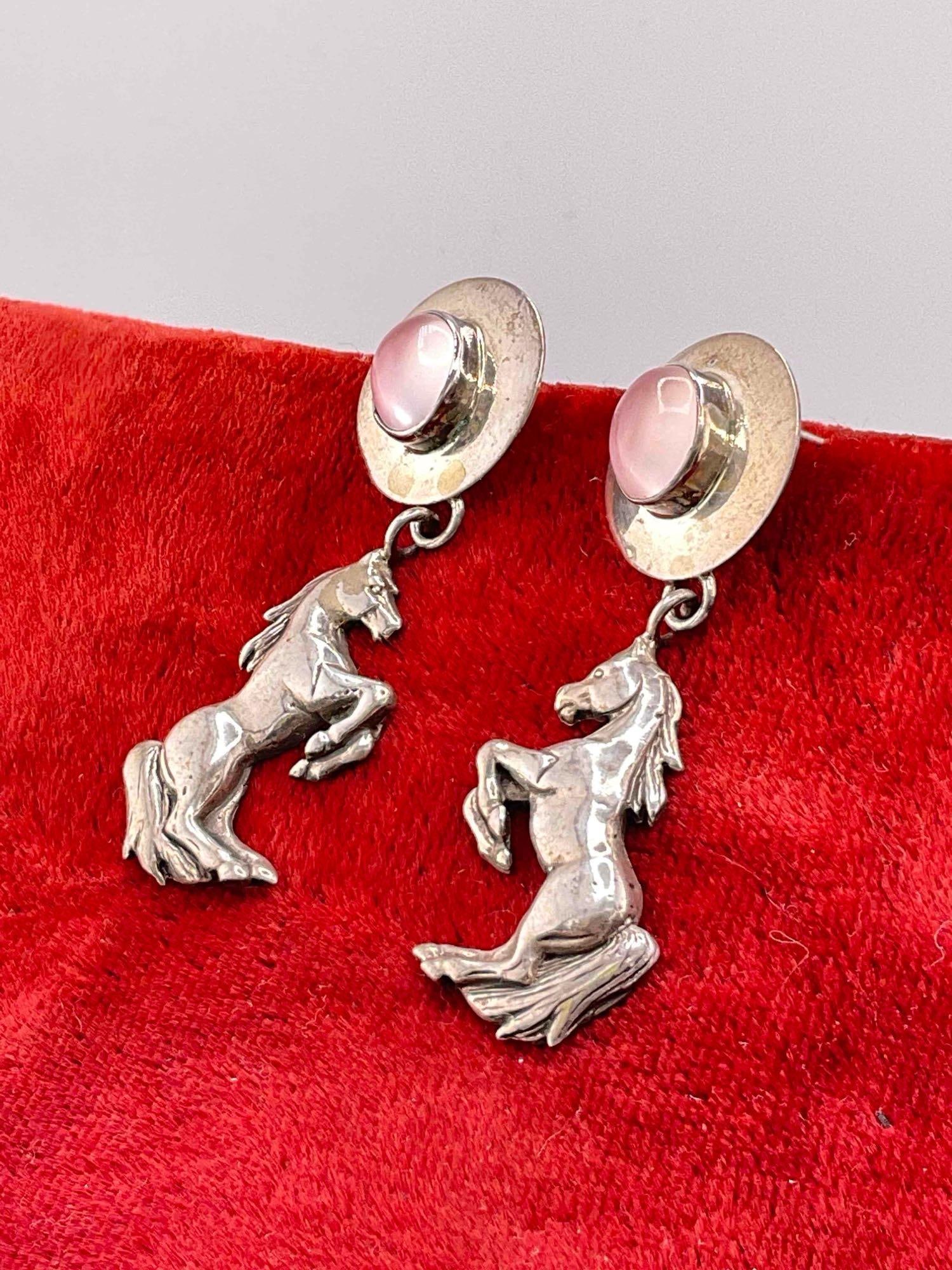 Vintage Sterling Silver Carol Felley Earrings w/ Horse Design & Rose Quartz Toned Setting. - 3