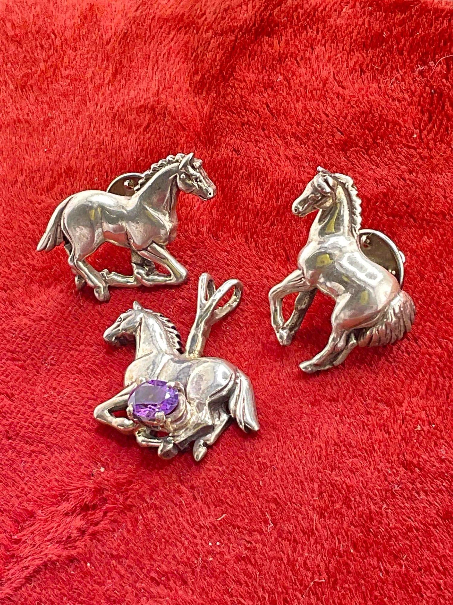 3 pcs Vintage Sterling Silver Carol Felley Jewelry w/ Horse Design, 2x Pins & 1x Pendant. See pics. - 2