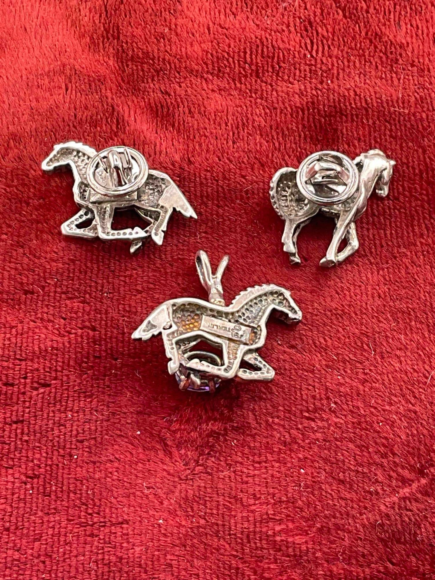 3 pcs Vintage Sterling Silver Carol Felley Jewelry w/ Horse Design, 2x Pins & 1x Pendant. See pics. - 3