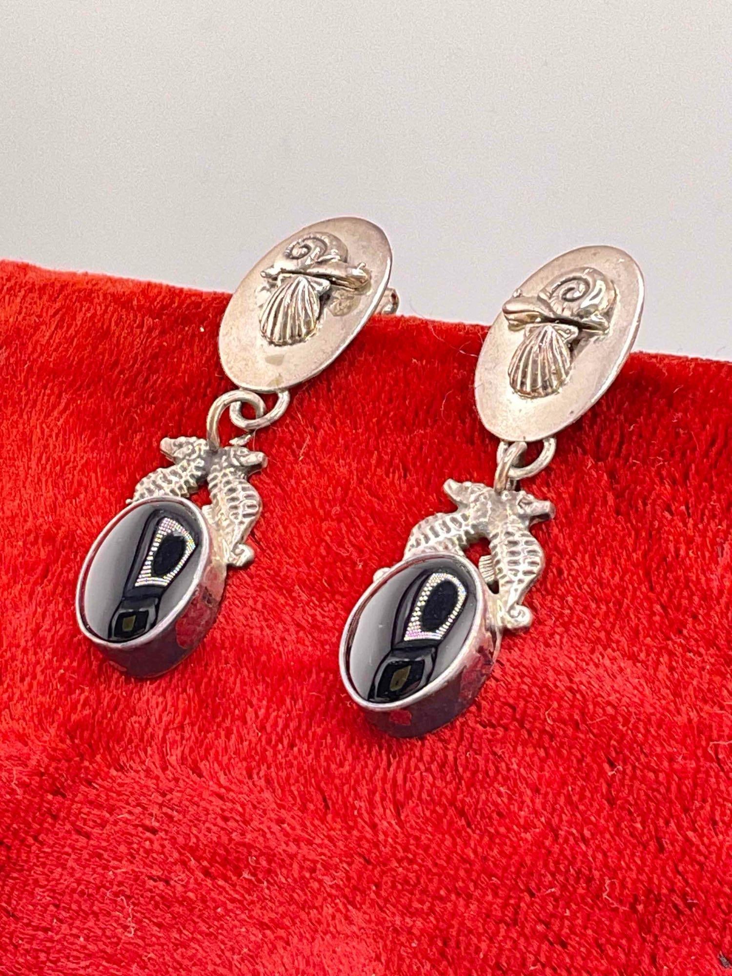 Vintage Sterling Silver Carol Felley Earrings w/ Marine Design & Onyx Toned Setting. See pics. - 2