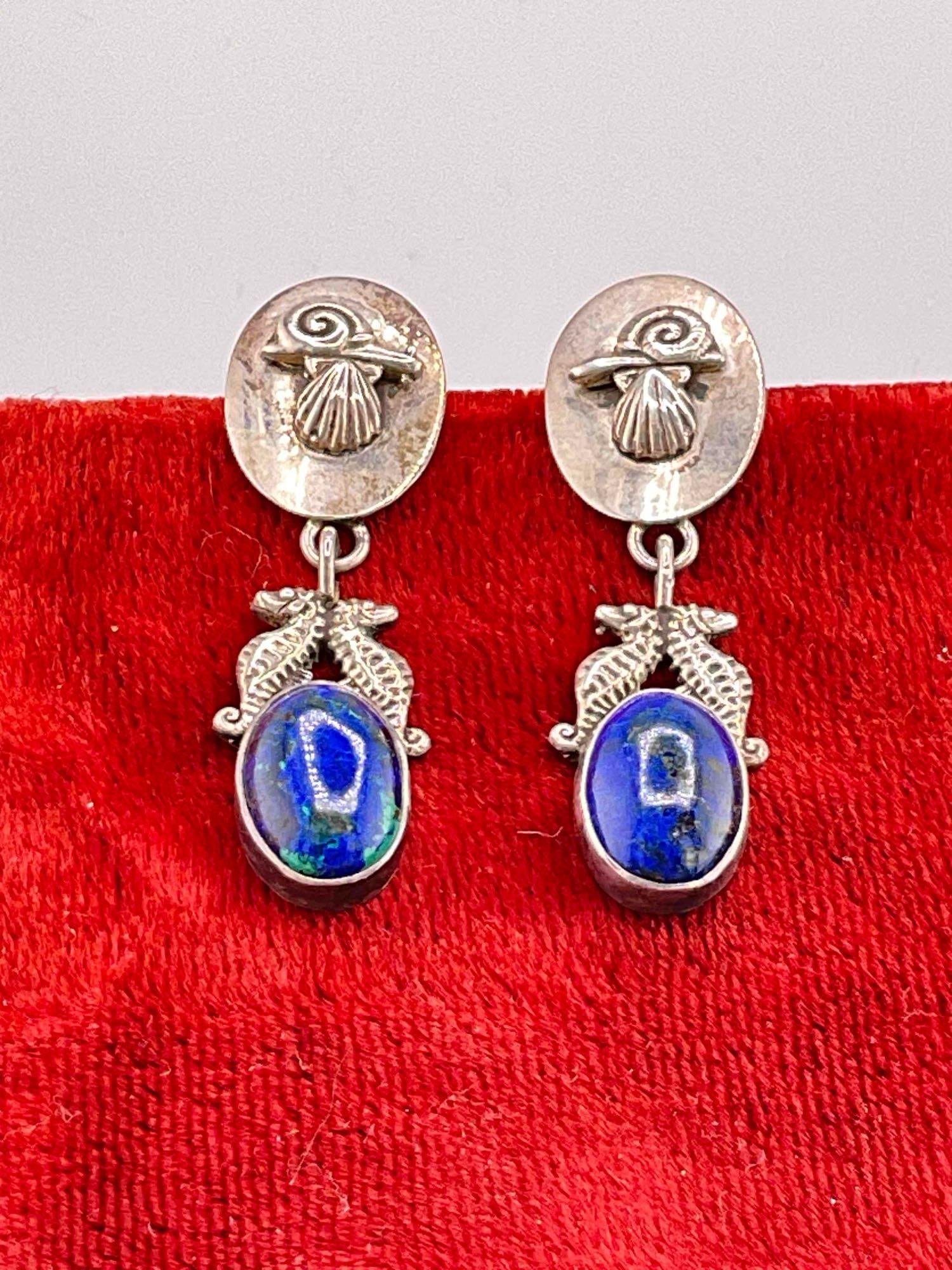 Vintage Sterling Silver Carol Felley Earrings w/ Marine Design & Lapis Toned Setting. See pics.: Vintage Sterling Silver Carol Felley Earrings w/ Marine Design & Lapis Toned Setting. Stamped 89 on reverse. DM-414