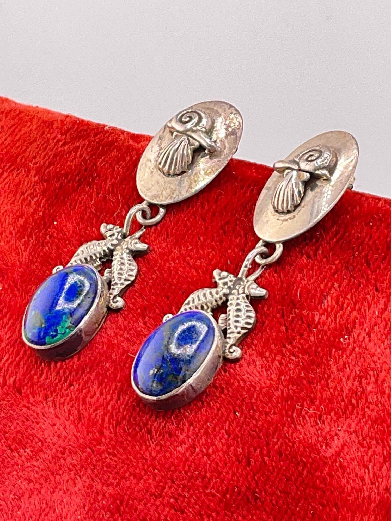 Vintage Sterling Silver Carol Felley Earrings w/ Marine Design & Lapis Toned Setting. See pics. - 2