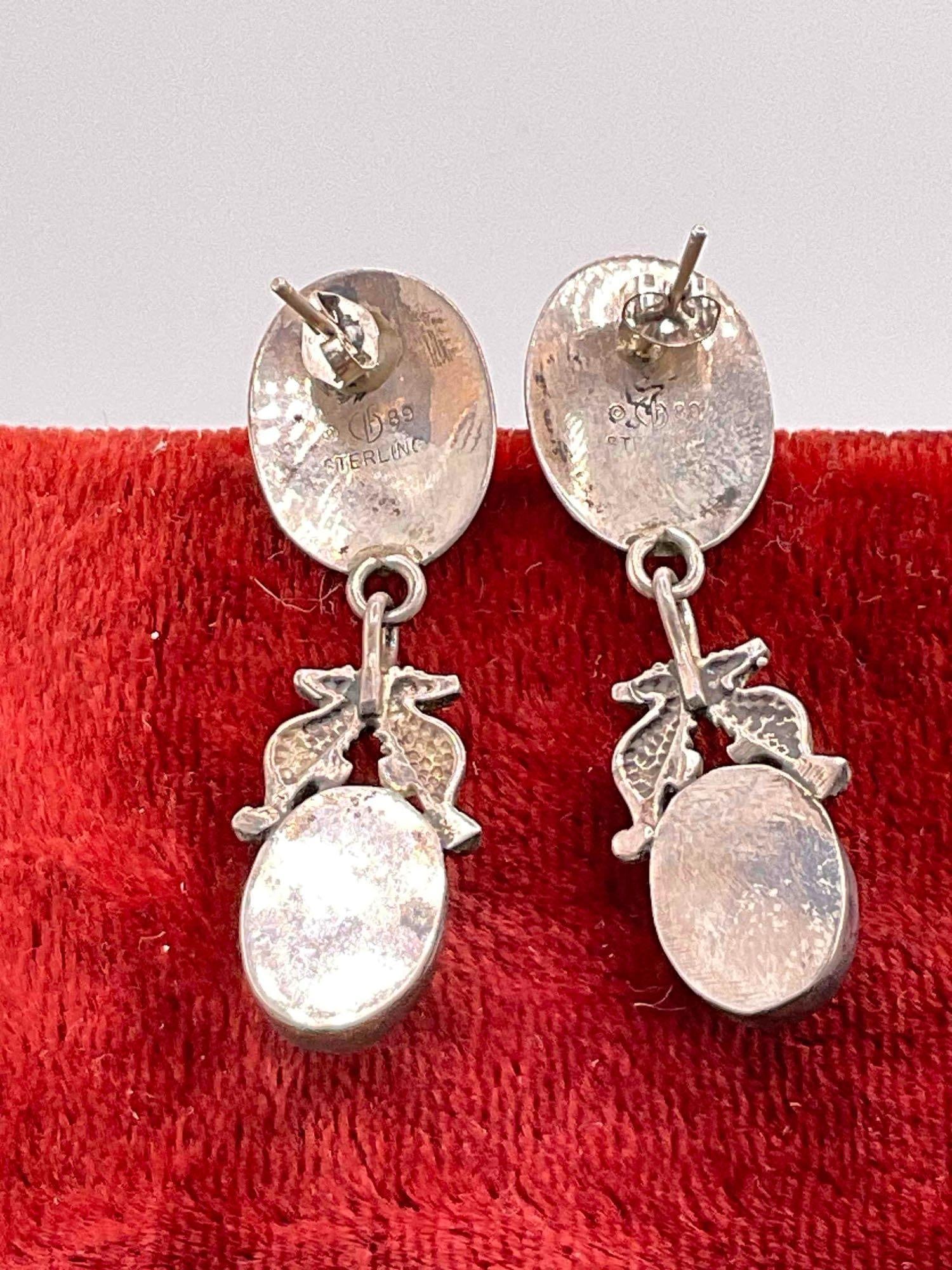 Vintage Sterling Silver Carol Felley Earrings w/ Marine Design & Lapis Toned Setting. See pics. - 3