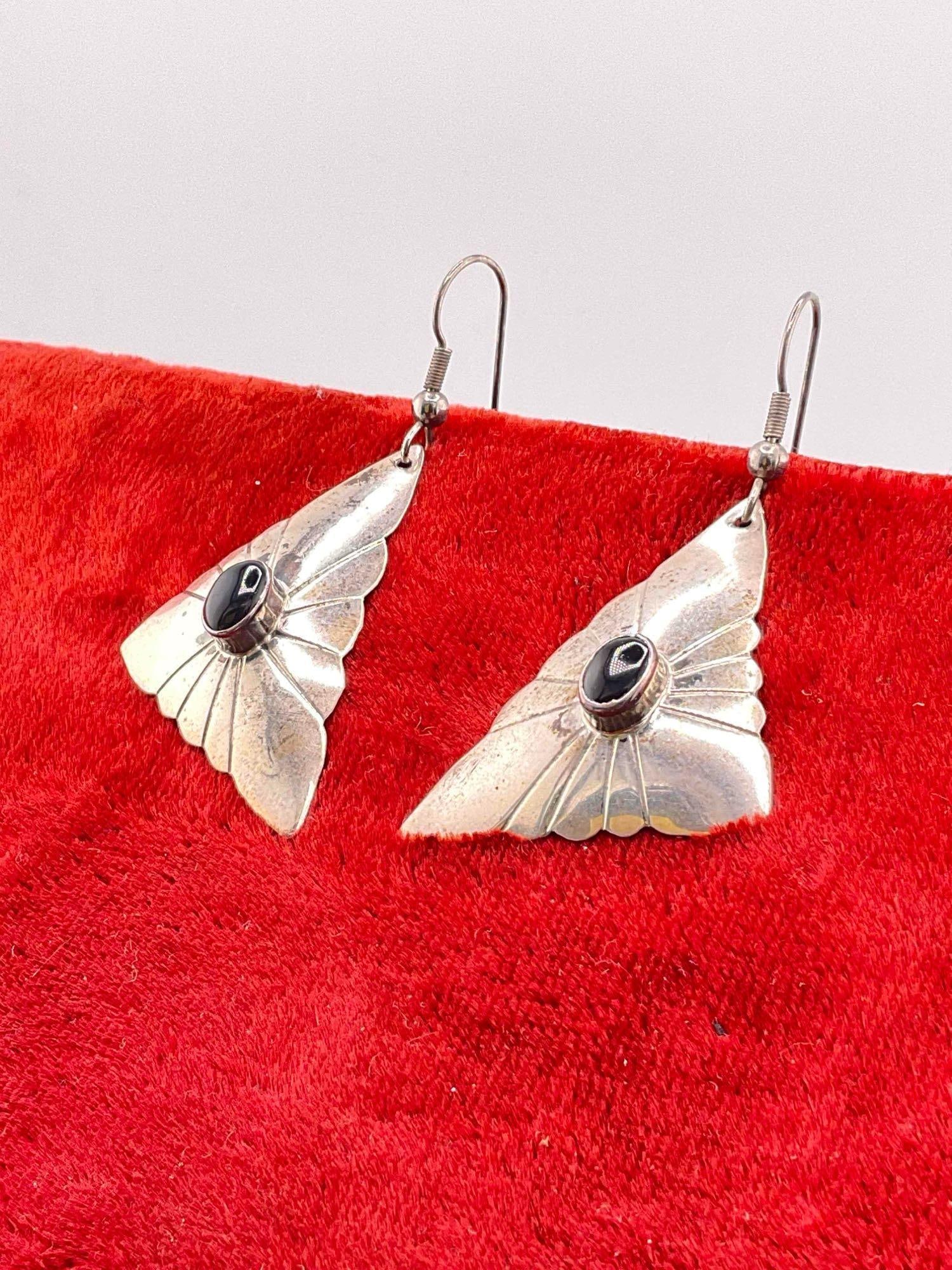 Vintage Sterling Silver Earrings w/ Triangular Design & Black Onyx Toned Setting. See pics. - 2