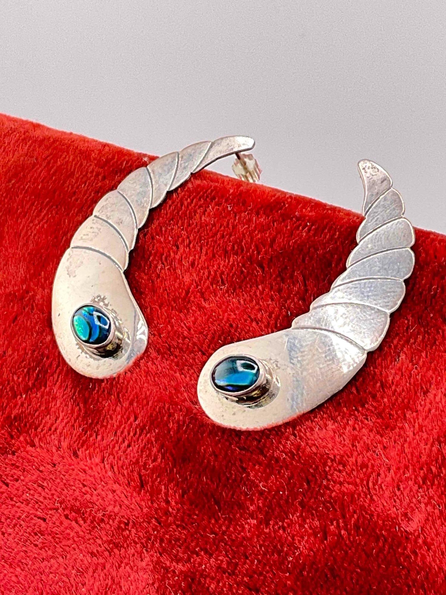 Vintage Sterling Silver Earrings w/ Dyed Abalone Toned Setting & Crescent Design. See pics. - 2