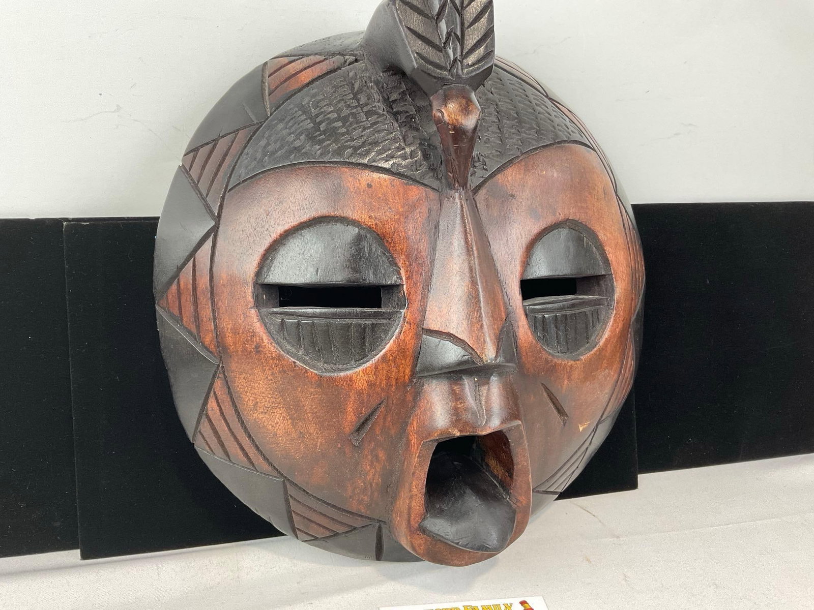 Ghanian Carved Wooden Mask, Dark & Lighter Wooden Features, 16x13wx 5 inches - 2