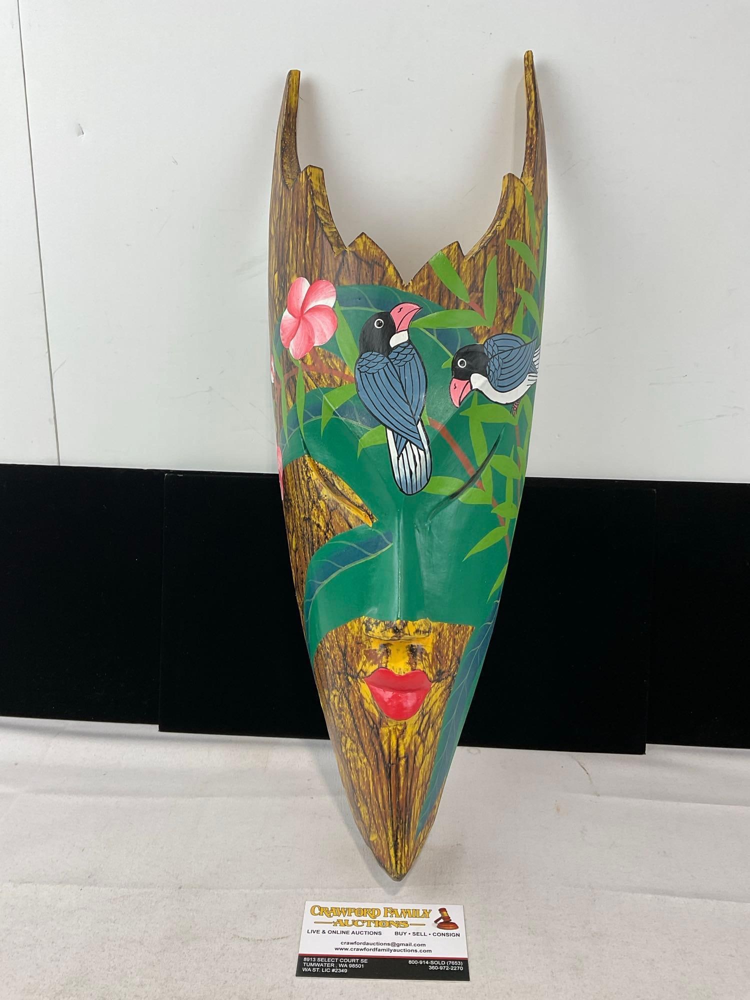 Hand Carved & Brightly Painted mask, Indonesian Style, Thin and Long, 20x8x5 inches: Appears to be in good shape. The piece measures approx 20h x 8w x 5d inches. See pics. E-6230