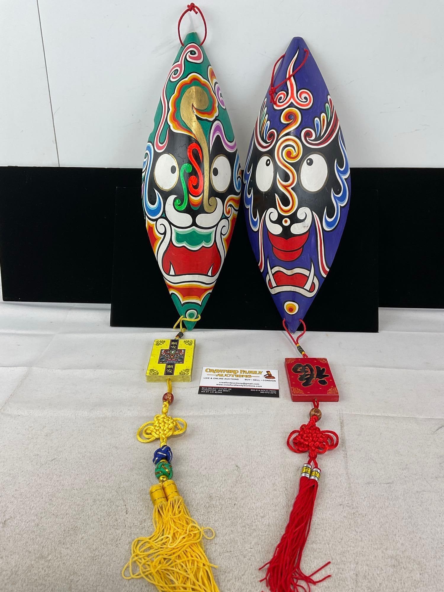 Pair of Handpainted & Crafted Chinese Mashao Mask Figures, w/good luck knotted tassels: Appears to be in good shape. The piece measures approx 16h x 7w x 7d inches. See pics. E-6230