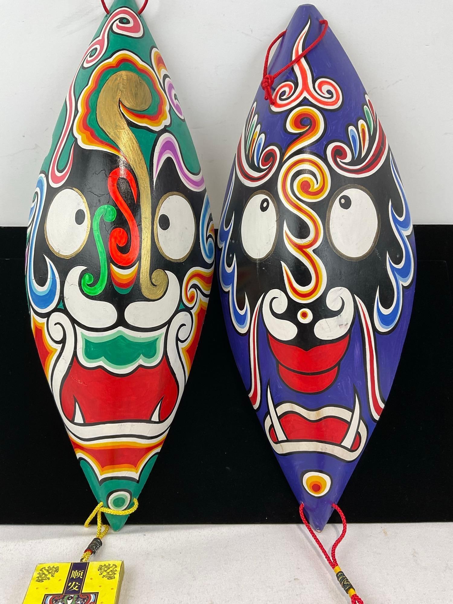 Pair of Handpainted & Crafted Chinese Mashao Mask Figures, w/good luck knotted tassels - 2