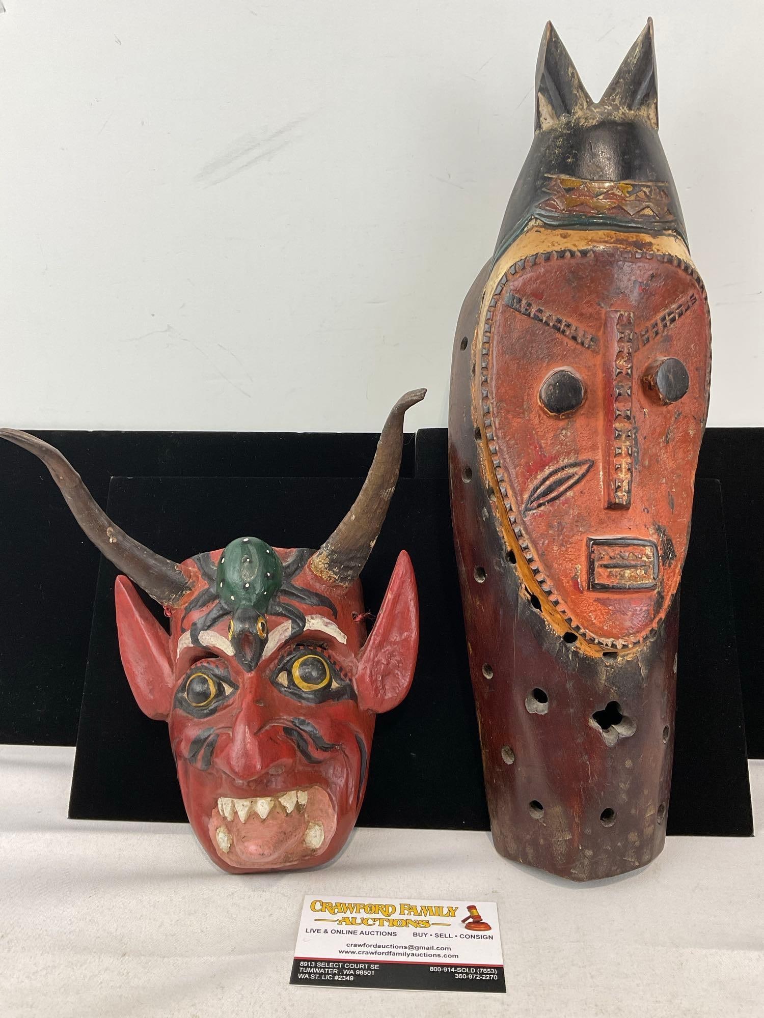 Pair of Handcarved Masks, Polychrome Baule or Guro Ivory Coast piece & Devil Mask w/cow horns: Appears to be in good shape. The piece measures approx 17h x 8w x 10d inches. See pics. E-6230