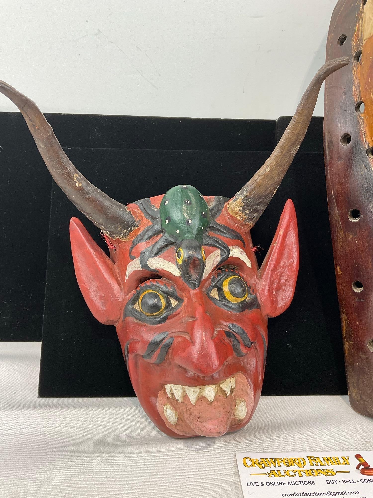 Pair of Handcarved Masks, Polychrome Baule or Guro Ivory Coast piece & Devil Mask w/cow horns - 2