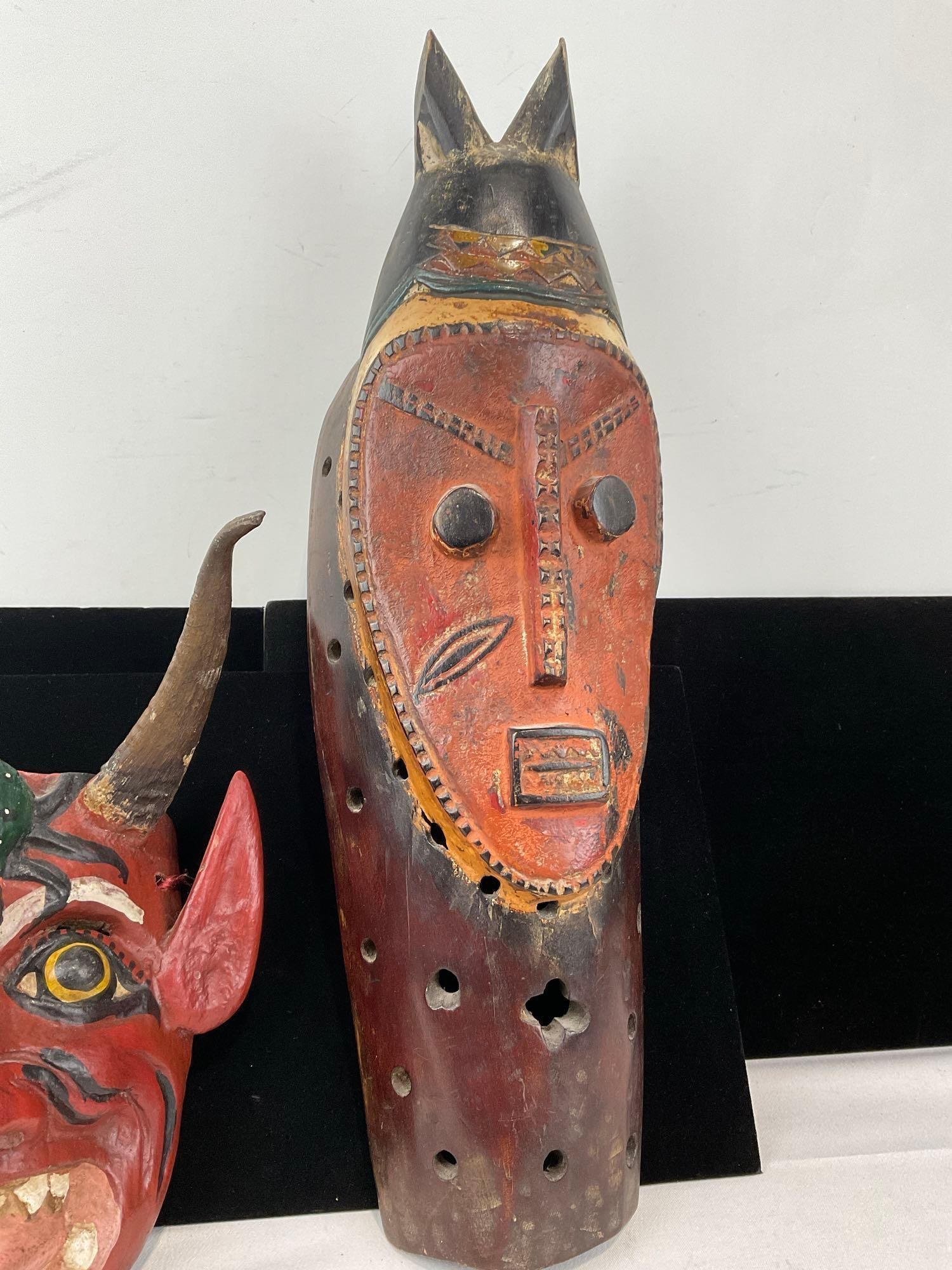 Pair of Handcarved Masks, Polychrome Baule or Guro Ivory Coast piece & Devil Mask w/cow horns - 3