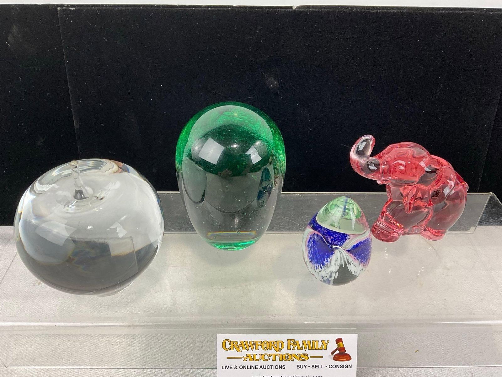 4 Art Glass pieces, Larson Crystal Apple, Green/Clear 2006 piece,Glass Eye Studio Egg, Pink Eleph... - 2