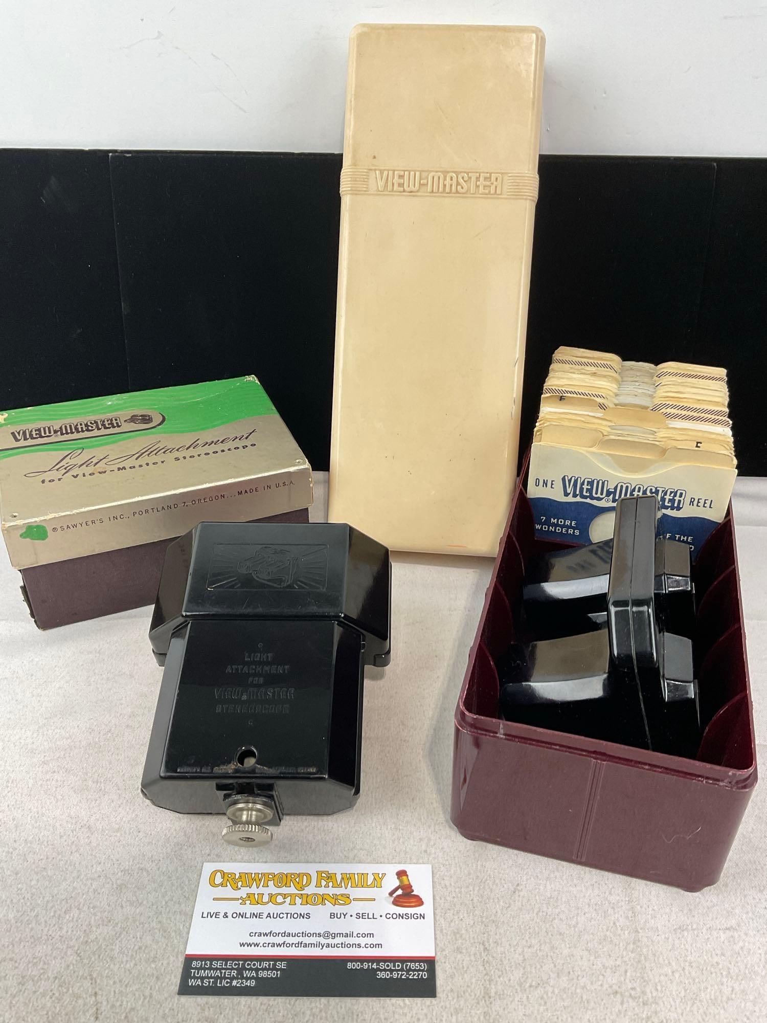 1940s-50s Sawyers View-Master Model-C Bakelite w/Light Attachment in boxes, w/selection of slides