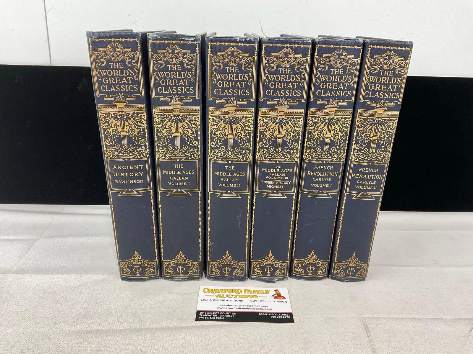 6x The Worlds Great Classics, Ancient History, The Middle Ages, Vols 1-3 & French Revolution vols...: Similar books from the same series. Printed by the Colonial Press, copyright date 1899. Appears to be in good shape, some signs of age and some wear. The piece measures approx 12h x 10w x 7d inches.