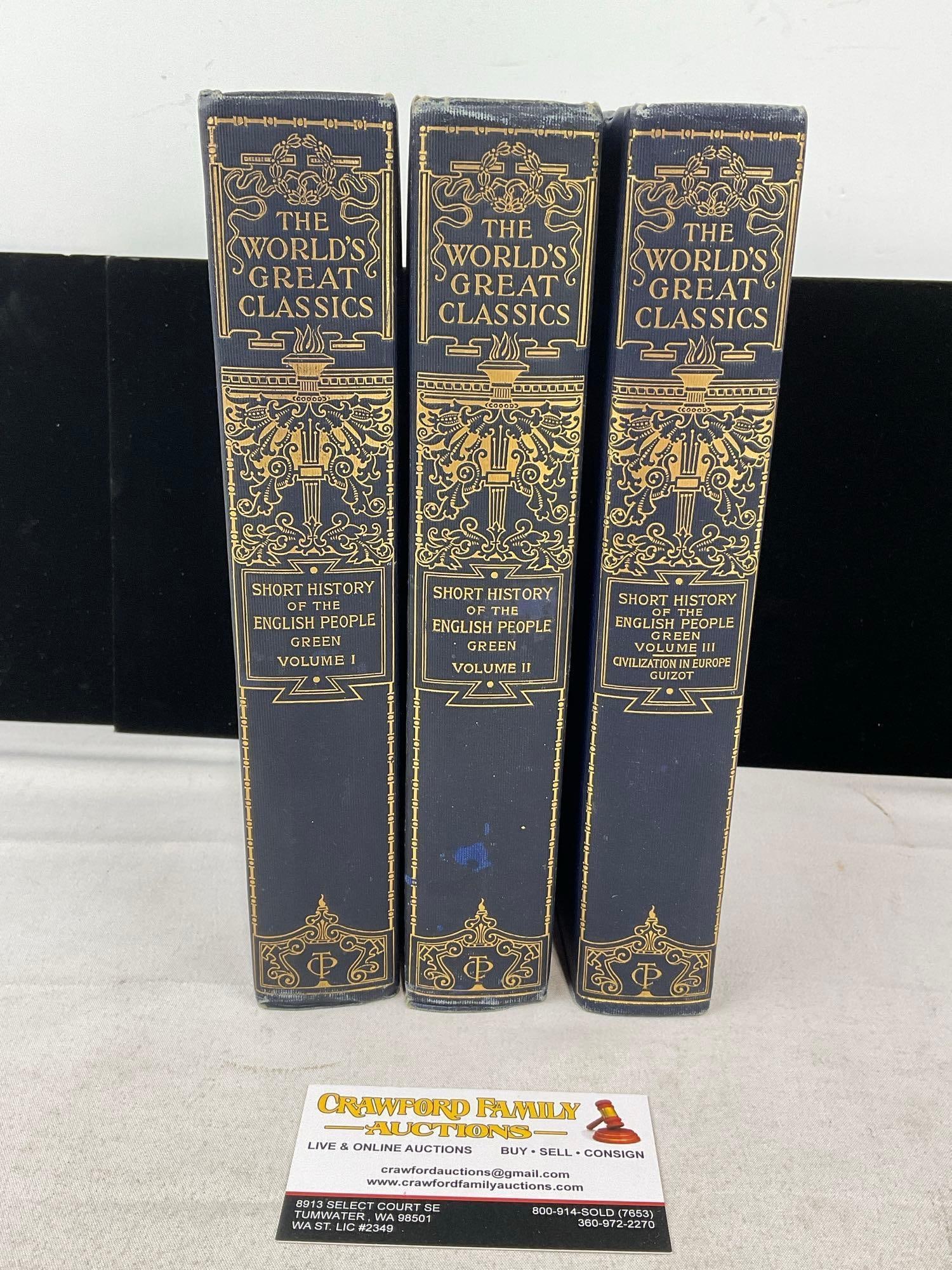 3x The Worlds Great Classics, Vols 1-3, Short History of the English People: Appears to be in good shape, some signs of age and some wear. The piece measures approx 6h x 10w x 7d inches. See pics. E-6230