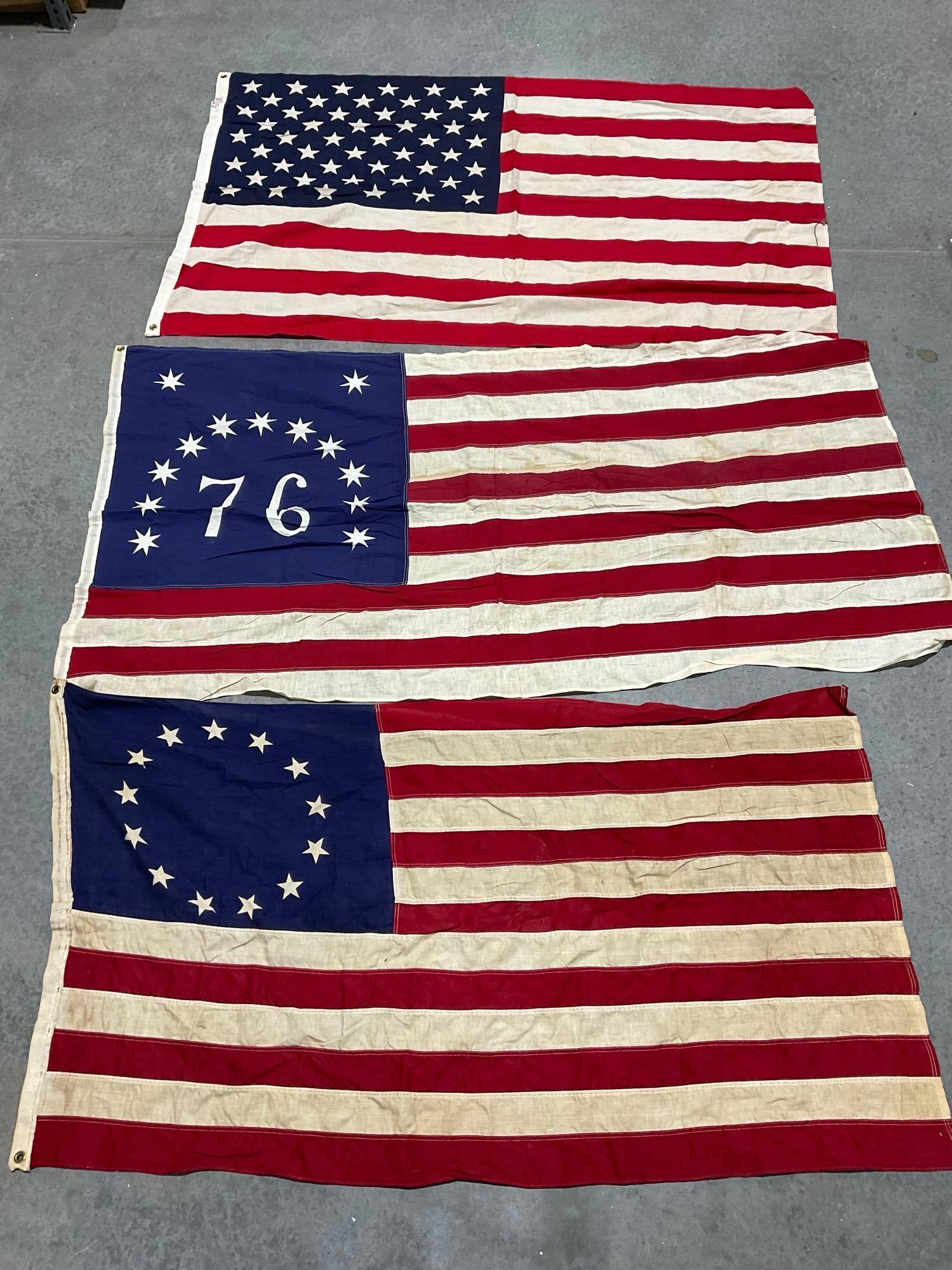 Set of 3 Vintage Flags, 1 standard 50 star, Bennington 76 Flag & Betsy Ross flag: Appears to be in good shape. The piece measures approx 15h x 9w x 4d inches. See pics. E-6230