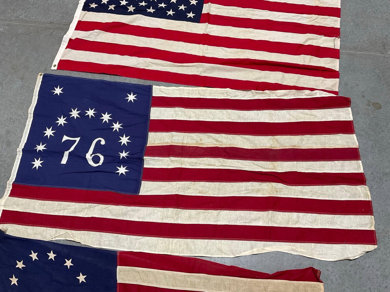 Set of 3 Vintage Flags, 1 standard 50 star, Bennington 76 Flag & Betsy Ross flag - 3