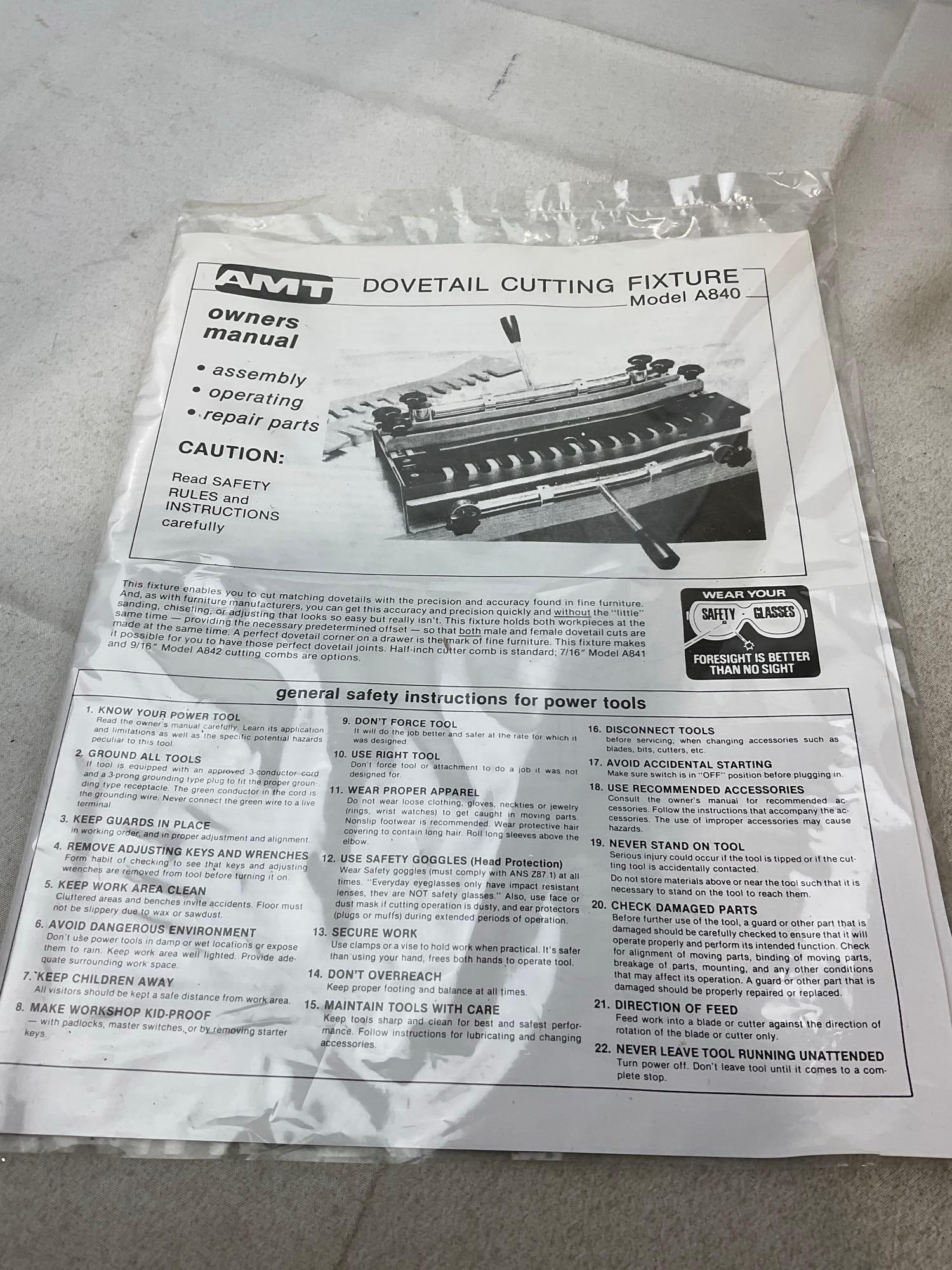 AMT Dovetail Cutting Fixture, model A840, looks to be NIB, 10x20x14 inches - 2