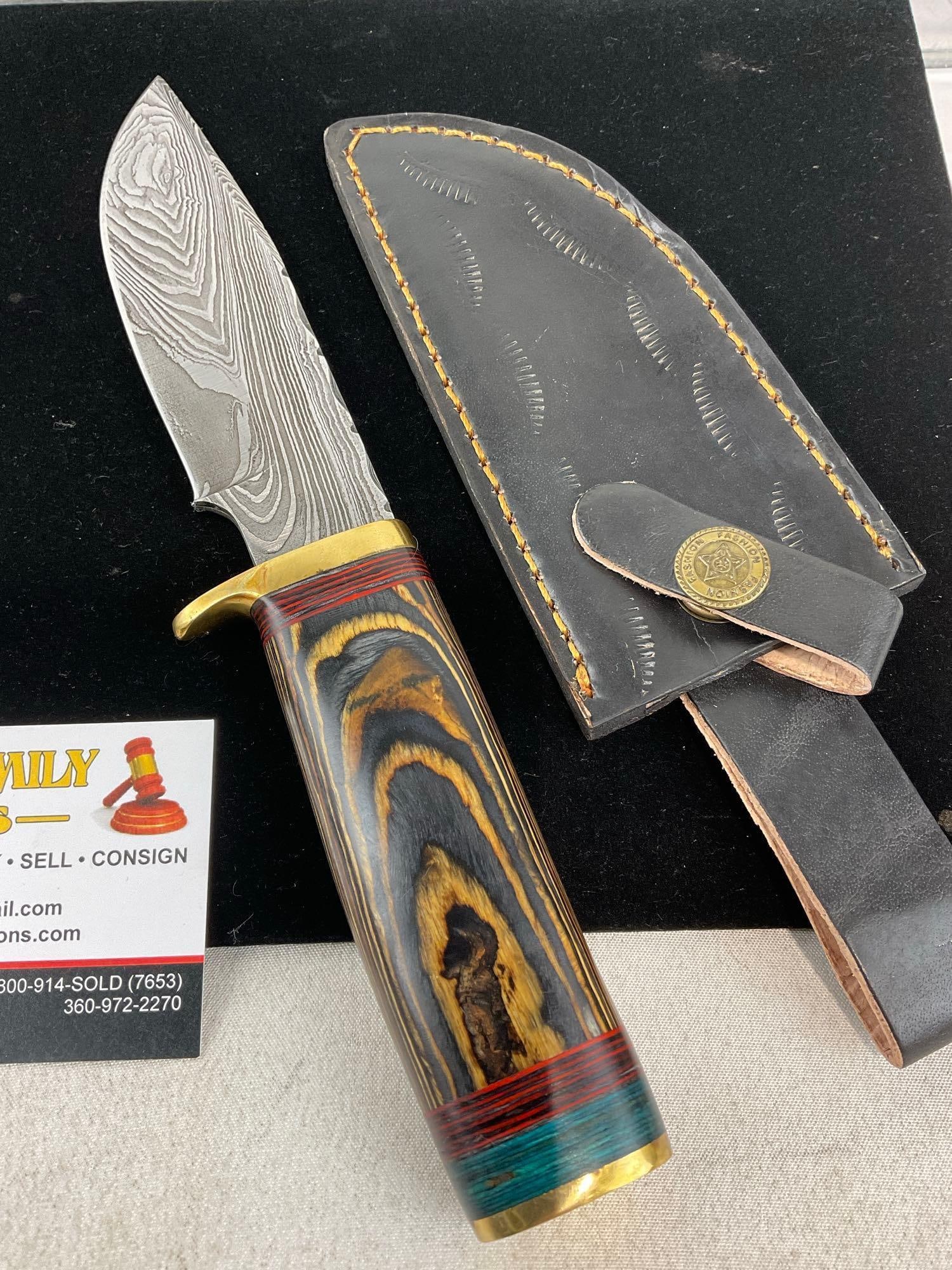 Pair of Handmade Knives, 1 w/Damascus style, Tinted Wood Handles, Blue & Green, w/Leather Sheaths - 2