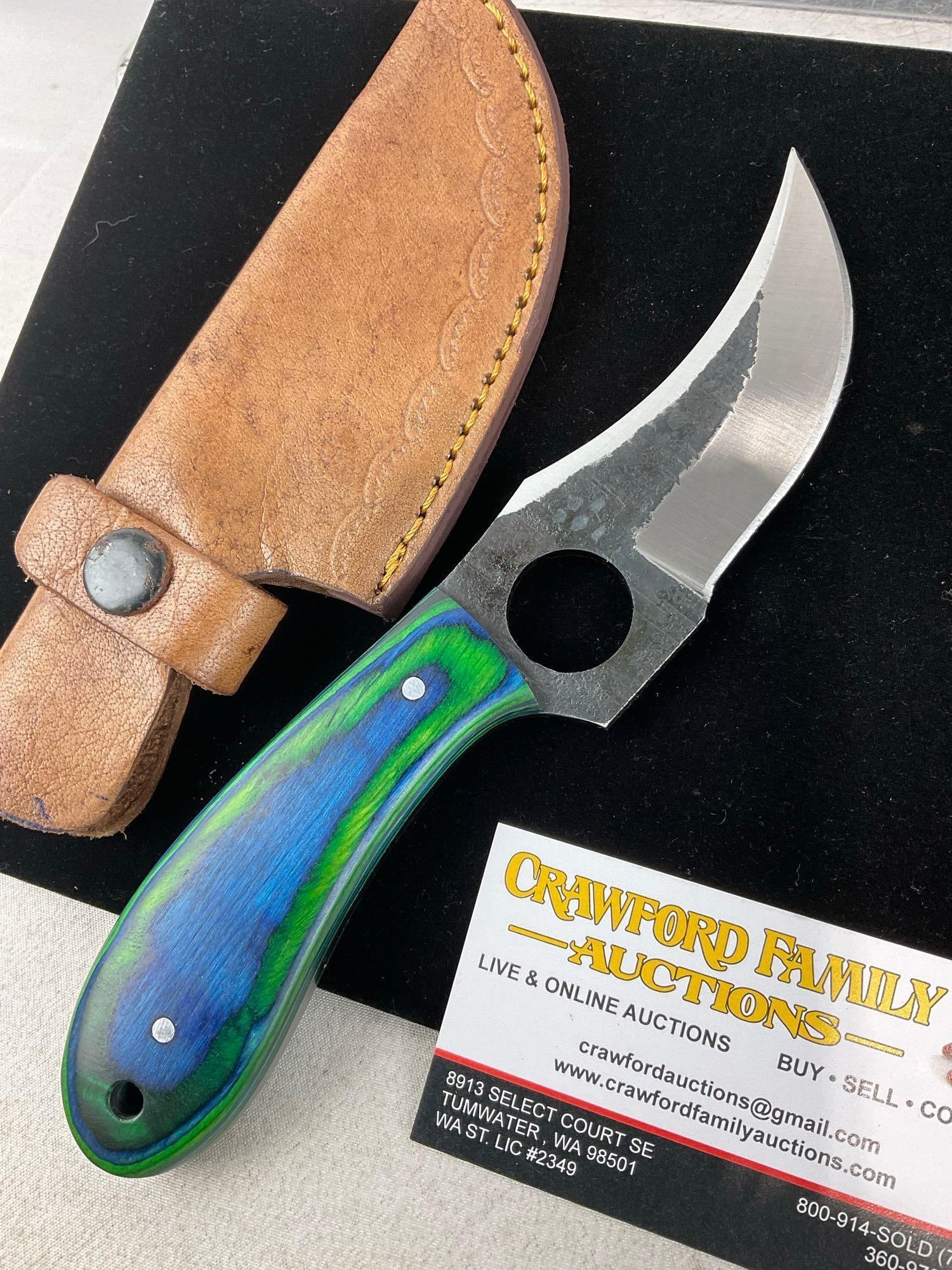 Pair of Handmade Knives, 1 w/Damascus style, Tinted Wood Handles, Blue & Green, w/Leather Sheaths - 3