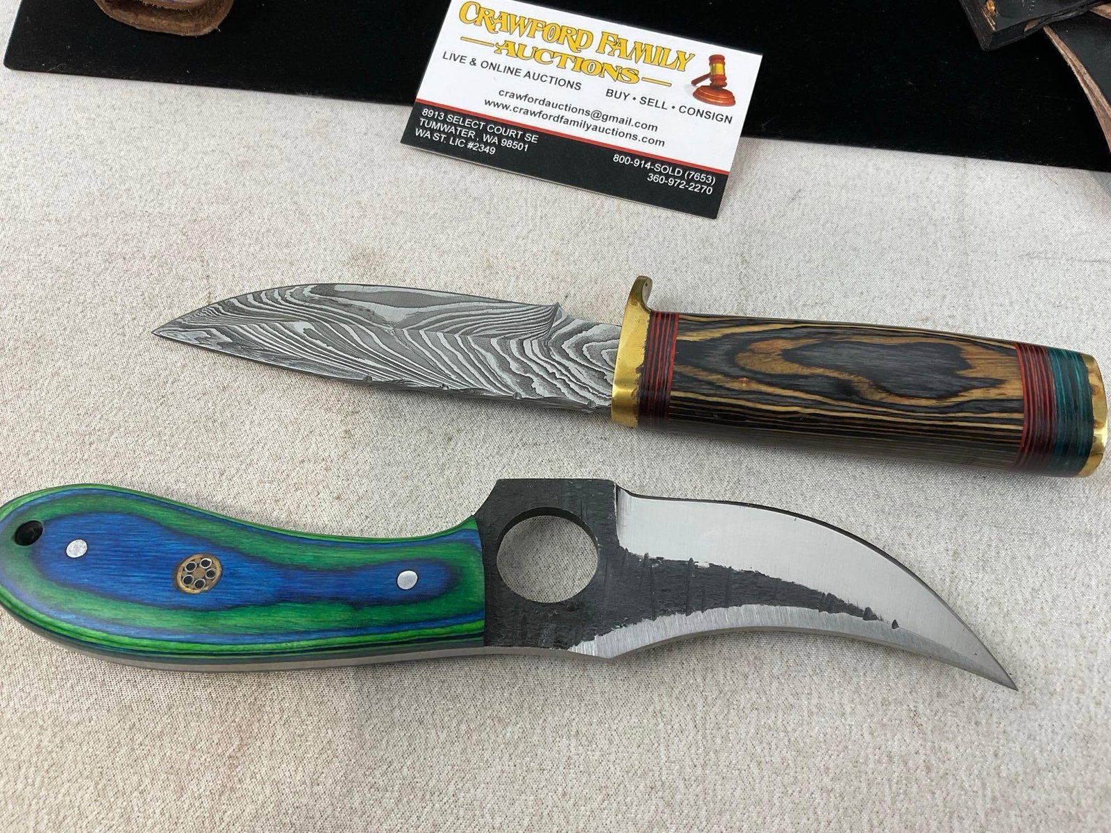 Pair of Handmade Knives, 1 w/Damascus style, Tinted Wood Handles, Blue & Green, w/Leather Sheaths - 4