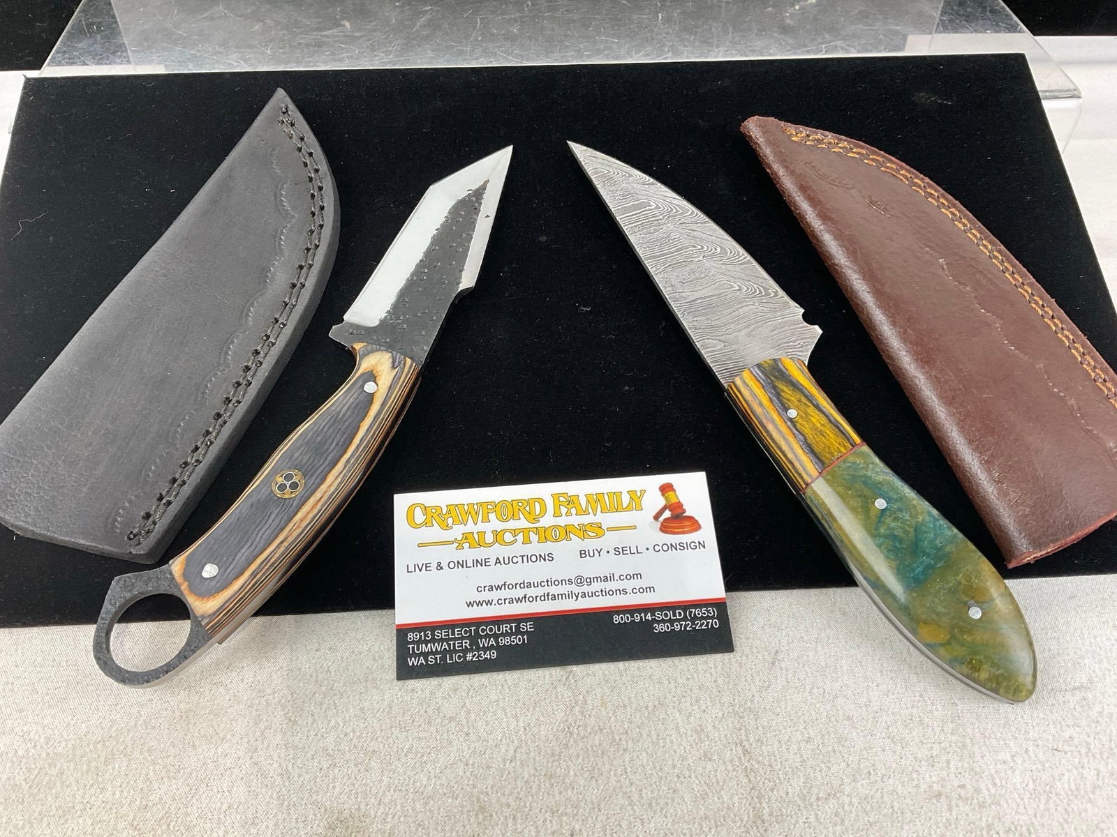 Pair of Handmade Knives, Tinted Wood & 1 w/Damascus style Resin Handle, w/Leather Sheaths