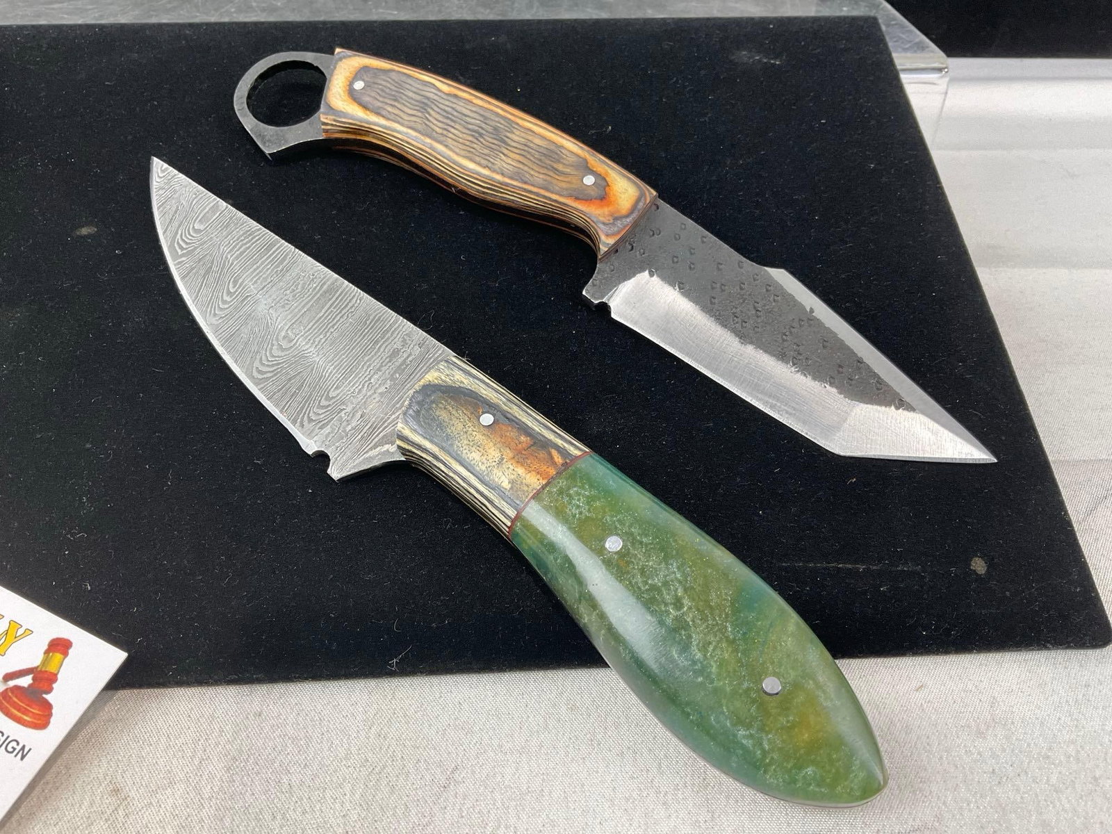 Pair of Handmade Knives, Tinted Wood & 1 w/Damascus style Resin Handle, w/Leather Sheaths - 2