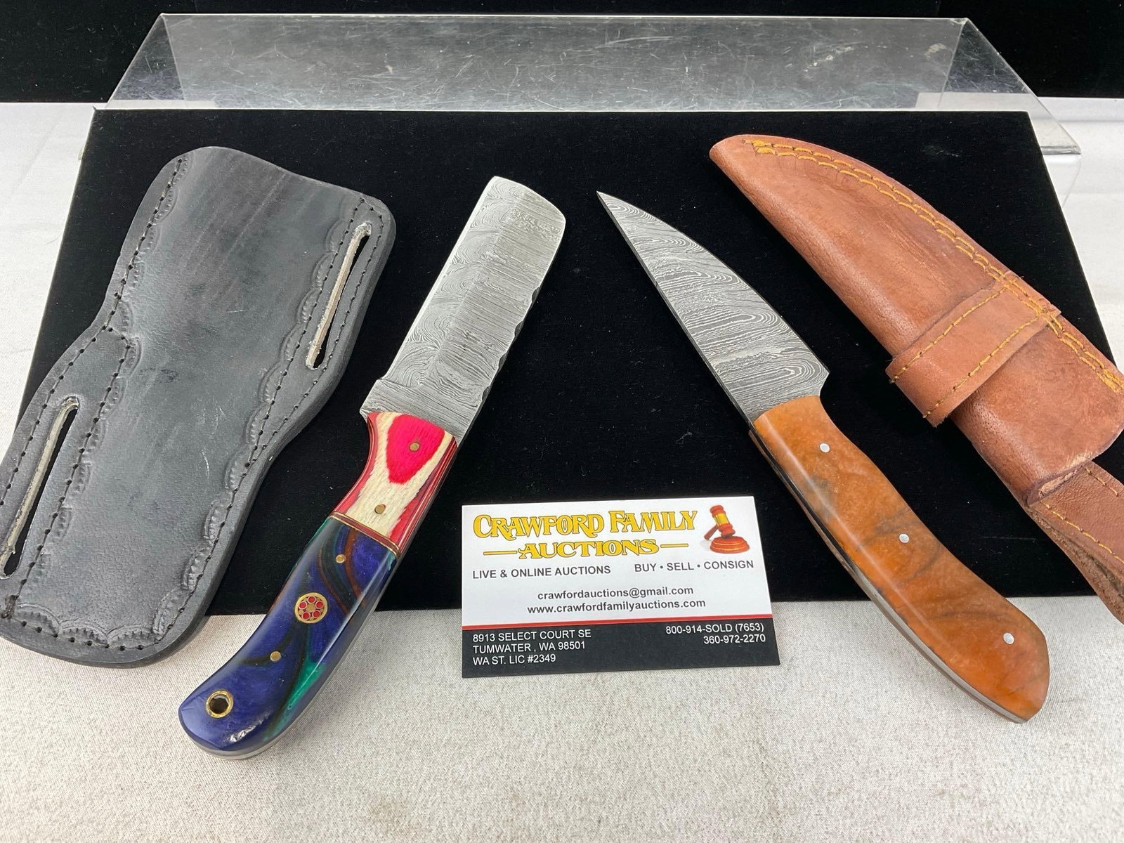 2 Damascus Style Knives, w/Leather Sheaths, Tinted Wood & Resin Handles, 4 inch blades
