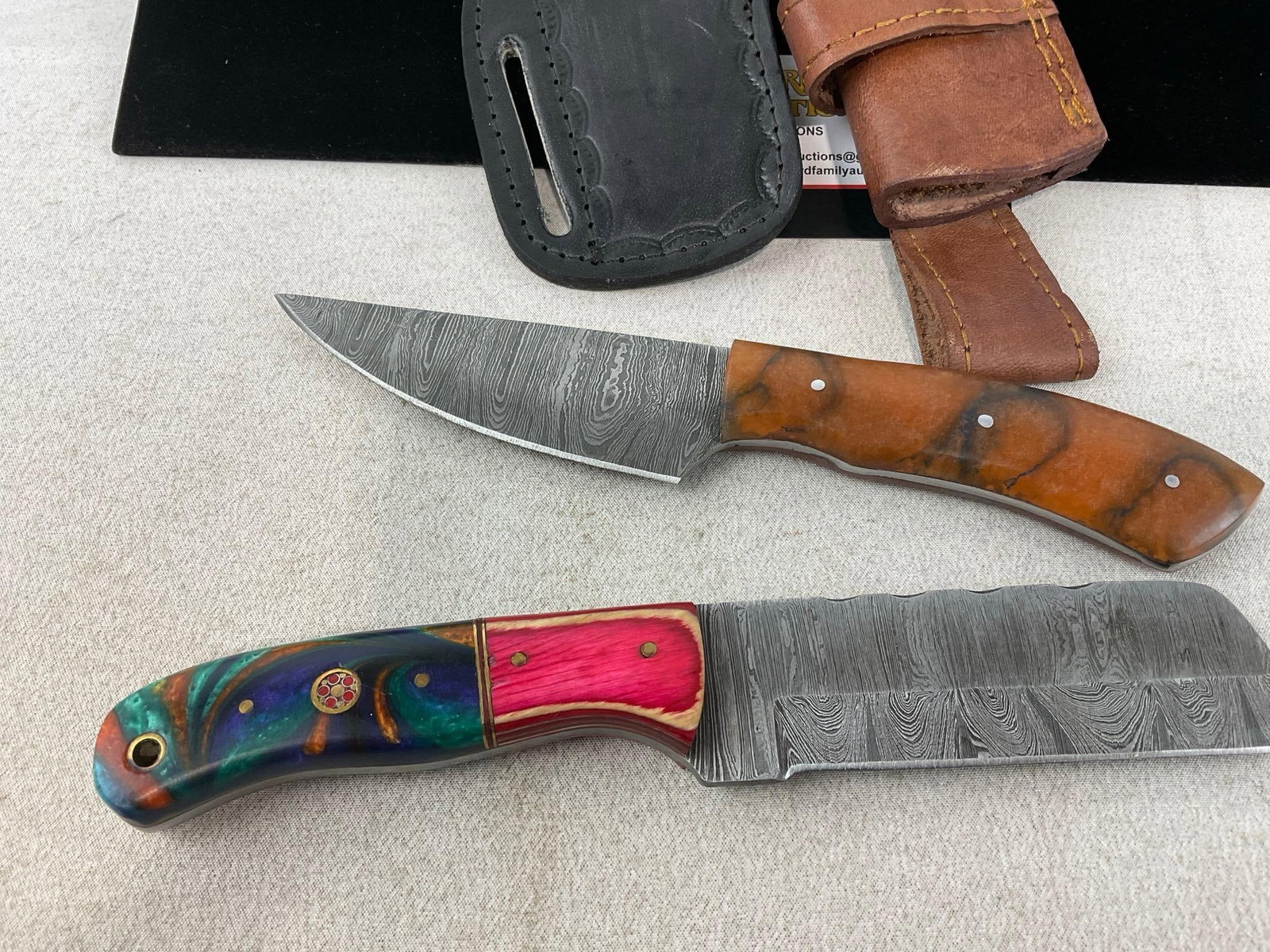 2 Damascus Style Knives, w/Leather Sheaths, Tinted Wood & Resin Handles, 4 inch blades - 2