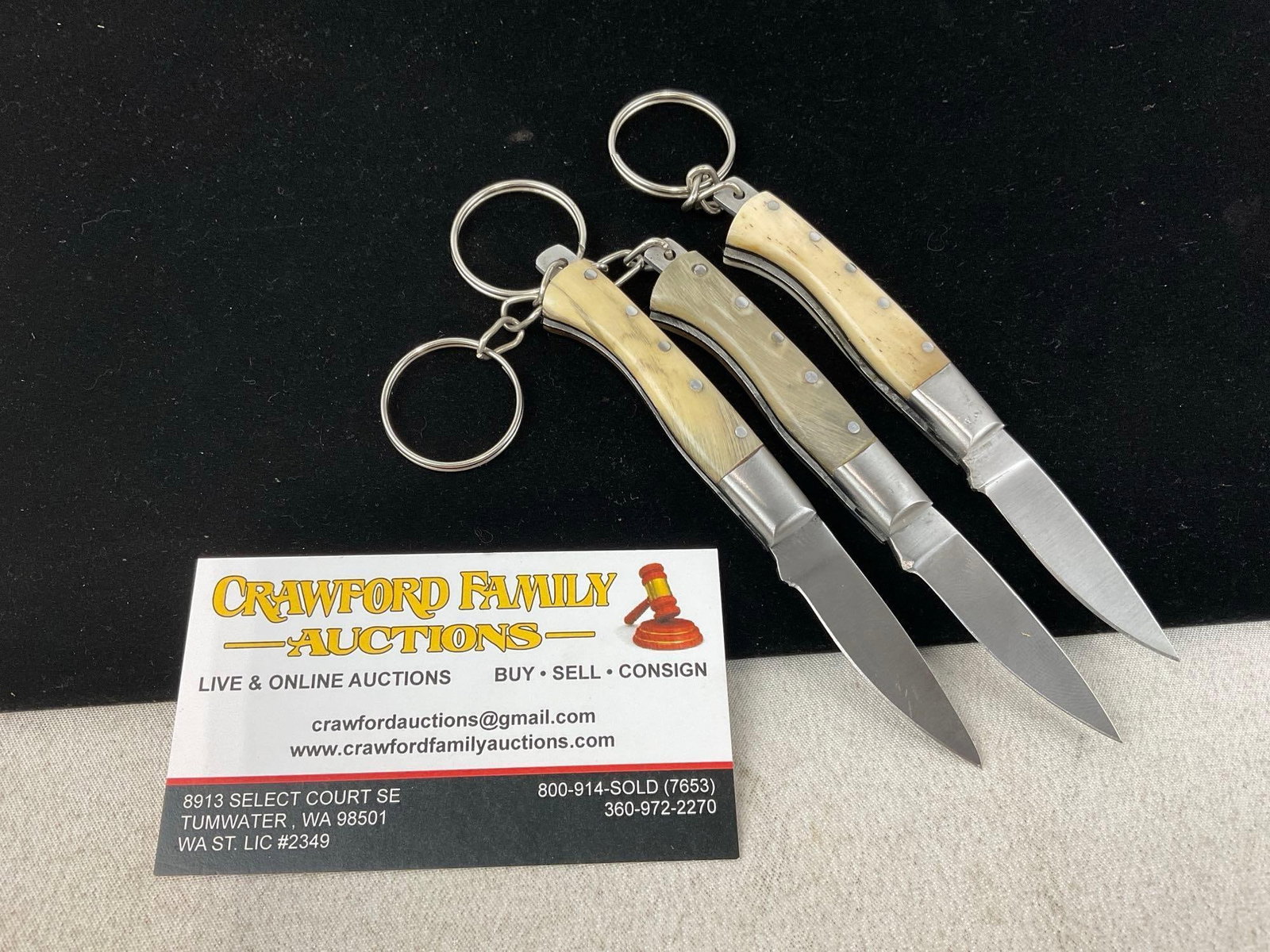 3 Small Keychain Folding Knives, White Resin Handle Scales