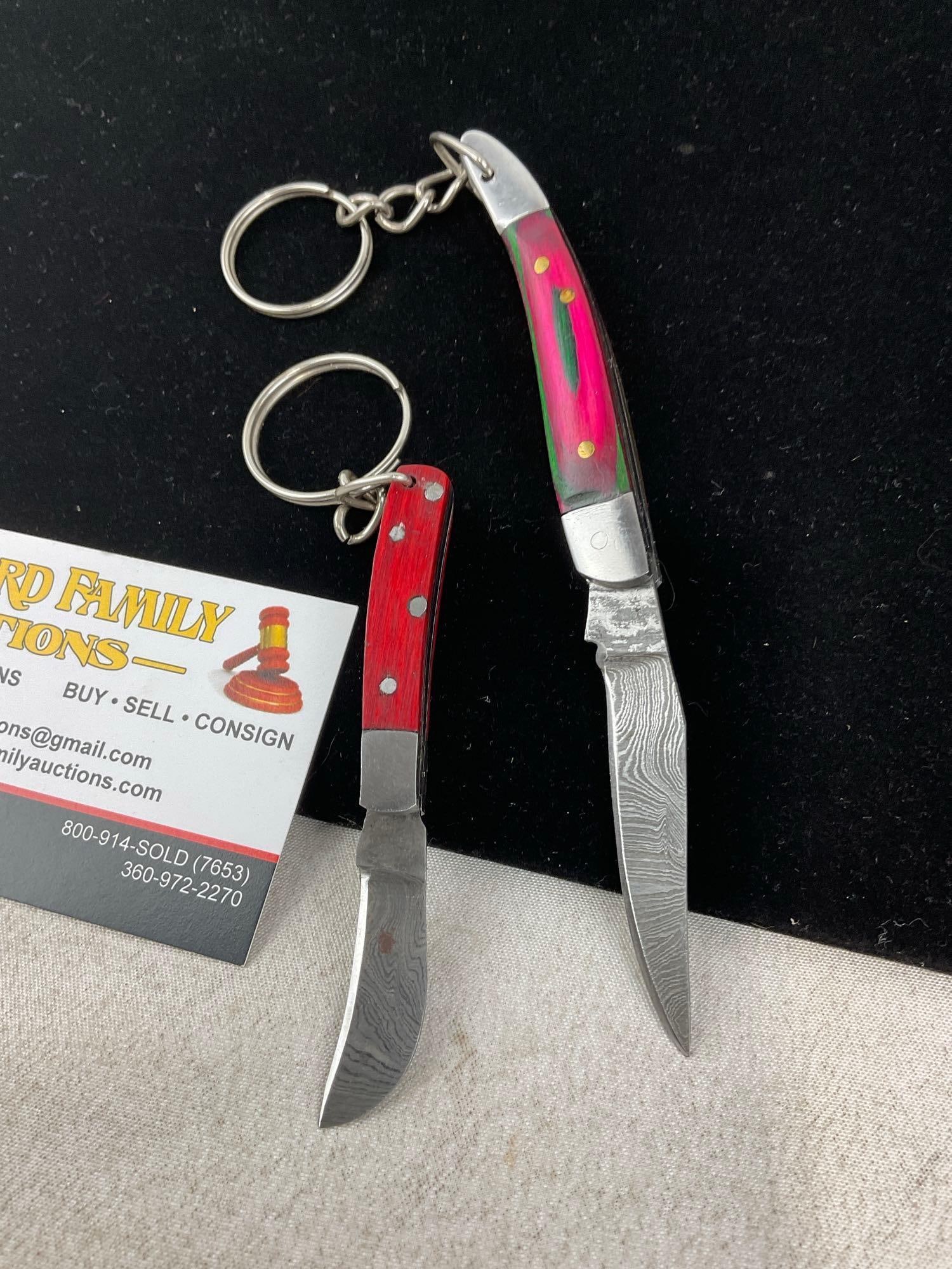 Pair of Small Folding Pocket Knives, Tinted Wood Handle Scales, Pink & Red, 1.5 inch blades - 2