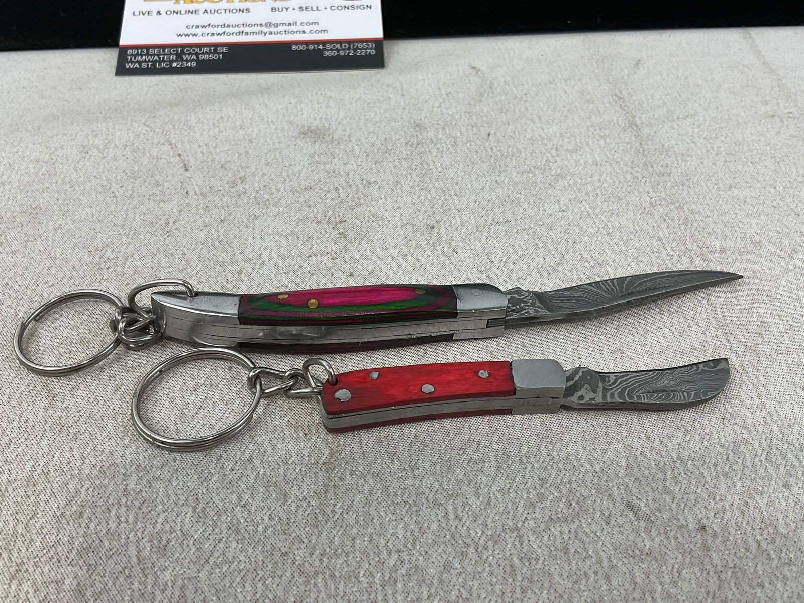 Pair of Small Folding Pocket Knives, Tinted Wood Handle Scales, Pink & Red, 1.5 inch blades - 3