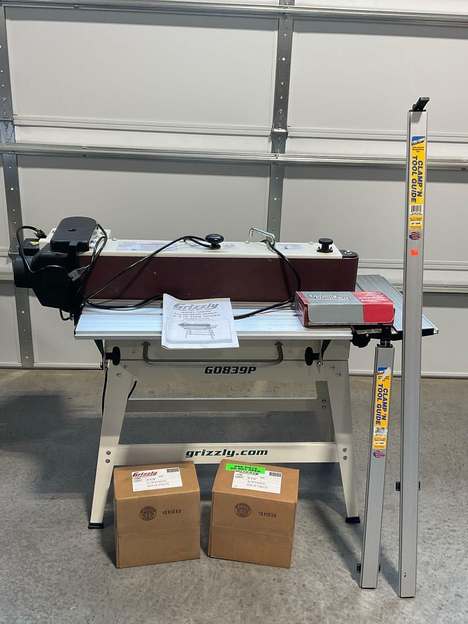 Grizzly Model G0839P Polar Bear Series 6 x 79 inch edge sander, w/more belts, 42x50x25 inches