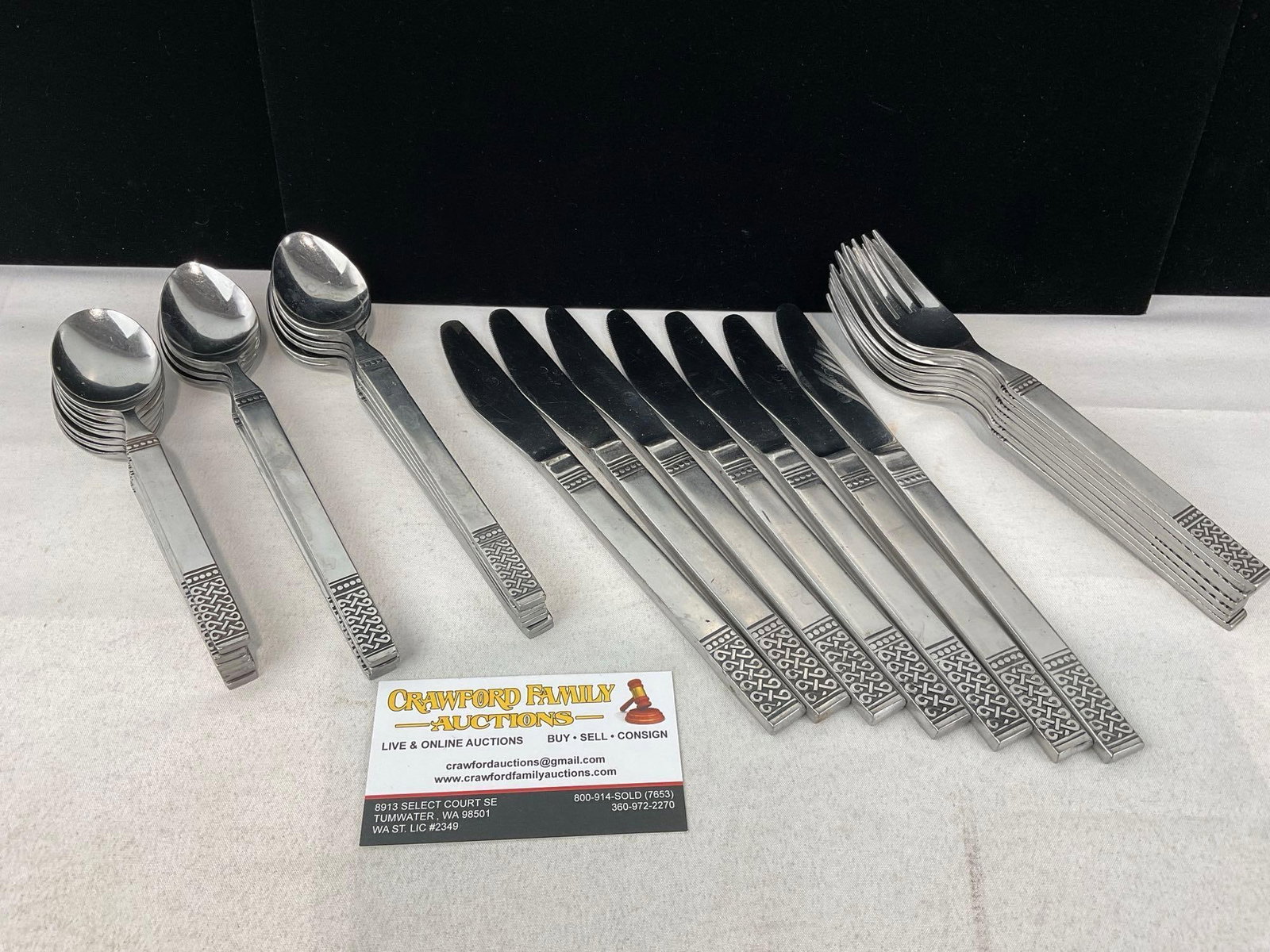 Danika Stainless Steel by MSI Japan, 8 salad forks, 7 butter knives, 7 soup spoons, 9 smaller spo...