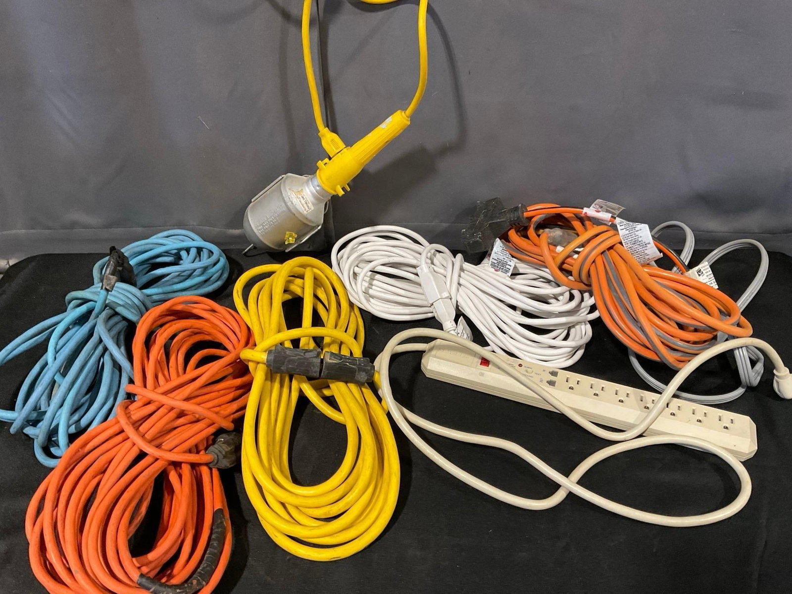 Collection of 5 Extension Cords, Work Light, Surge Protector, Splitter & more