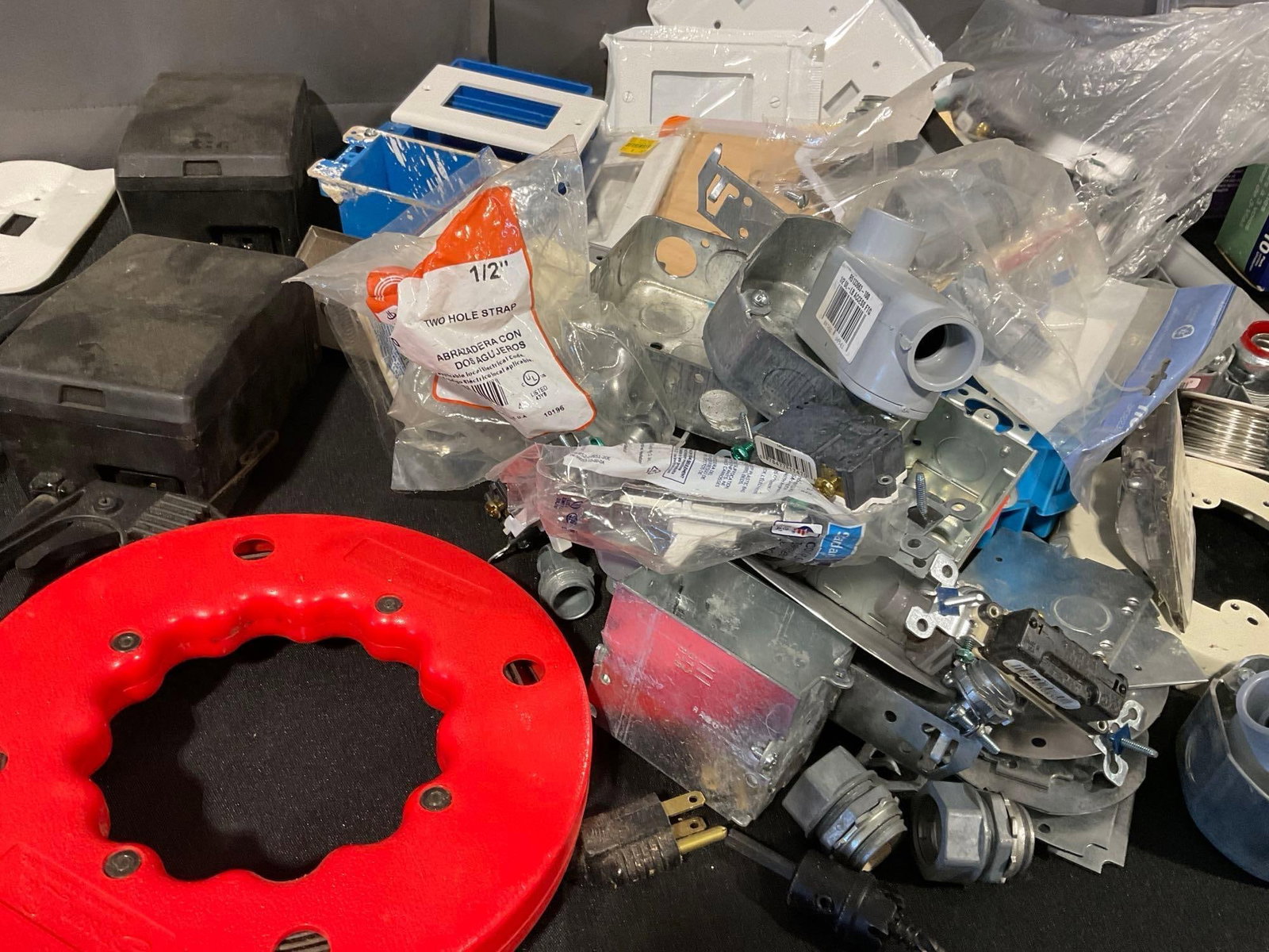Tub Full of Wire Tape, Wire Connectors, Junction Boxes, Light Switches, some Pvc, Breakers & more - 2