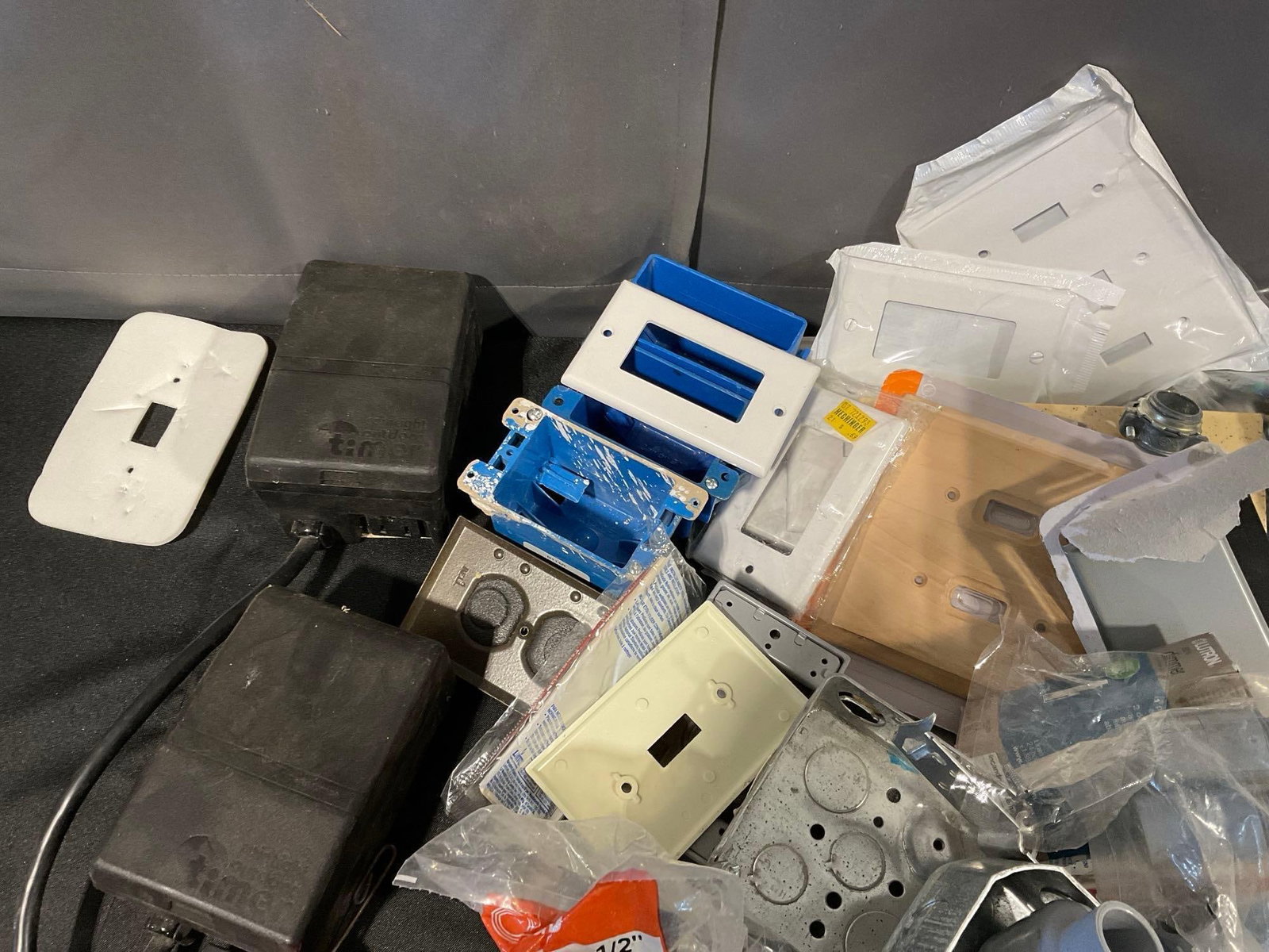 Tub Full of Wire Tape, Wire Connectors, Junction Boxes, Light Switches, some Pvc, Breakers & more - 3