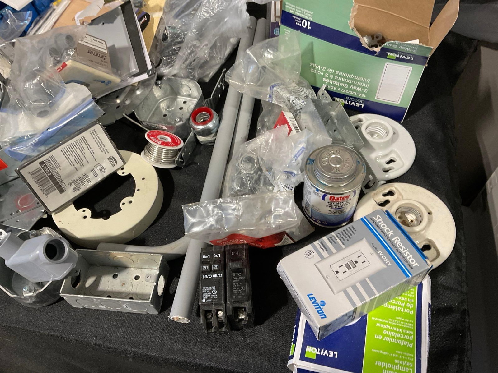 Tub Full of Wire Tape, Wire Connectors, Junction Boxes, Light Switches, some Pvc, Breakers & more - 4