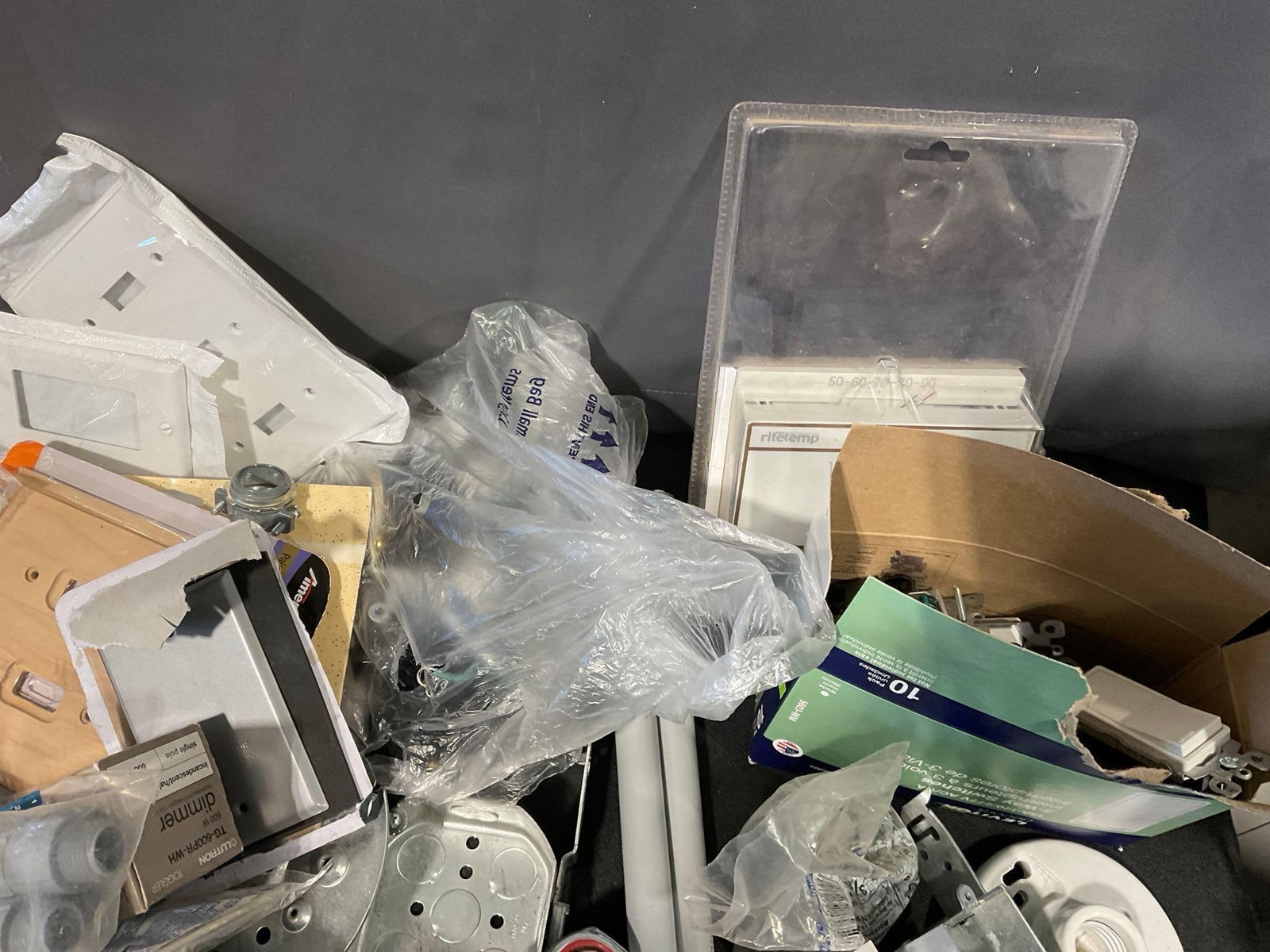 Tub Full of Wire Tape, Wire Connectors, Junction Boxes, Light Switches, some Pvc, Breakers & more - 5