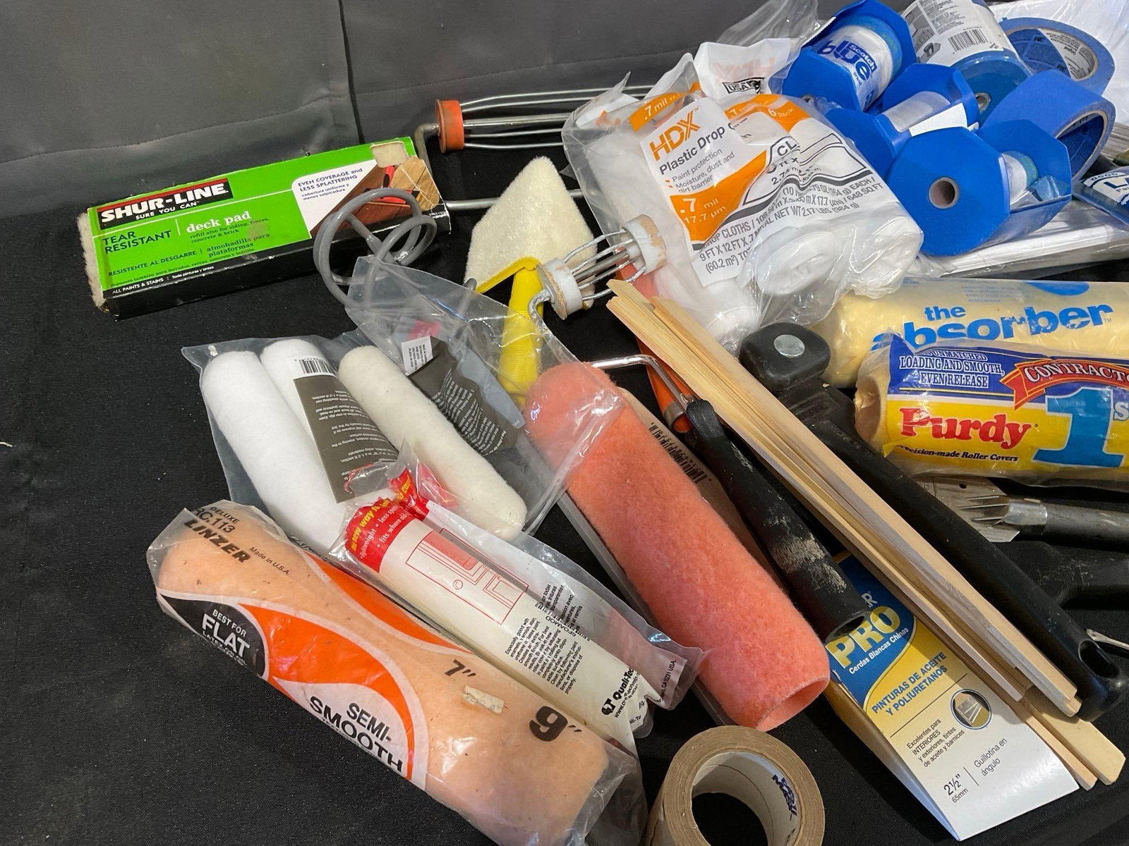 Tub of Painting Supplies, Rollers, Scrapers, Tape, Steel Wool, Paint Stirrer, & more - 2