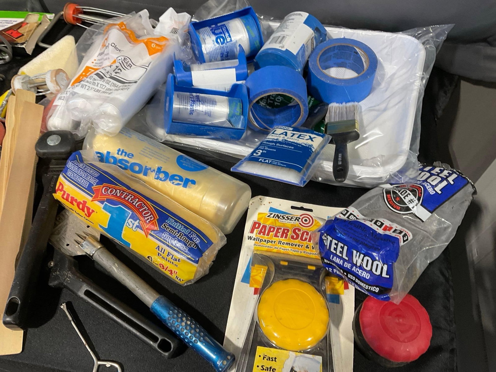 Tub of Painting Supplies, Rollers, Scrapers, Tape, Steel Wool, Paint Stirrer, & more - 3