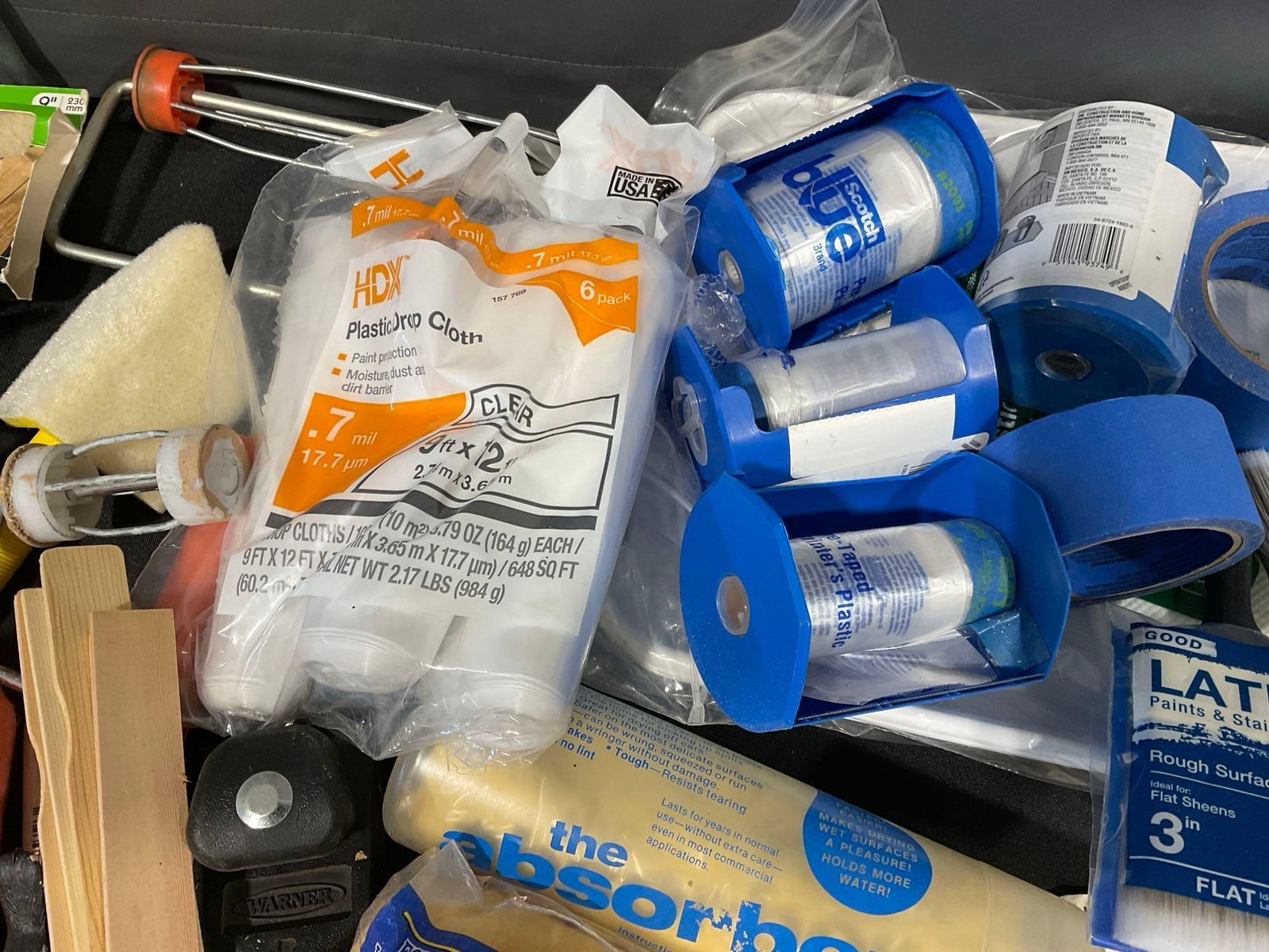Tub of Painting Supplies, Rollers, Scrapers, Tape, Steel Wool, Paint Stirrer, & more - 4